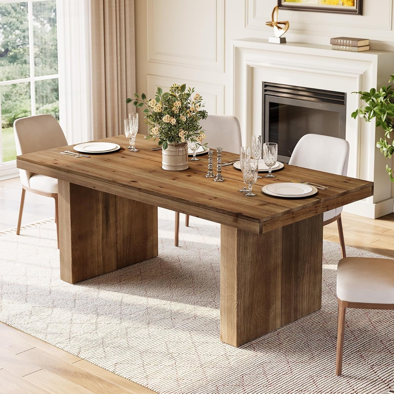 63" Rectangle Dining Table, Farmhouse Solid Wood Kitchen Dinner Table for 4-6 People - Image 3