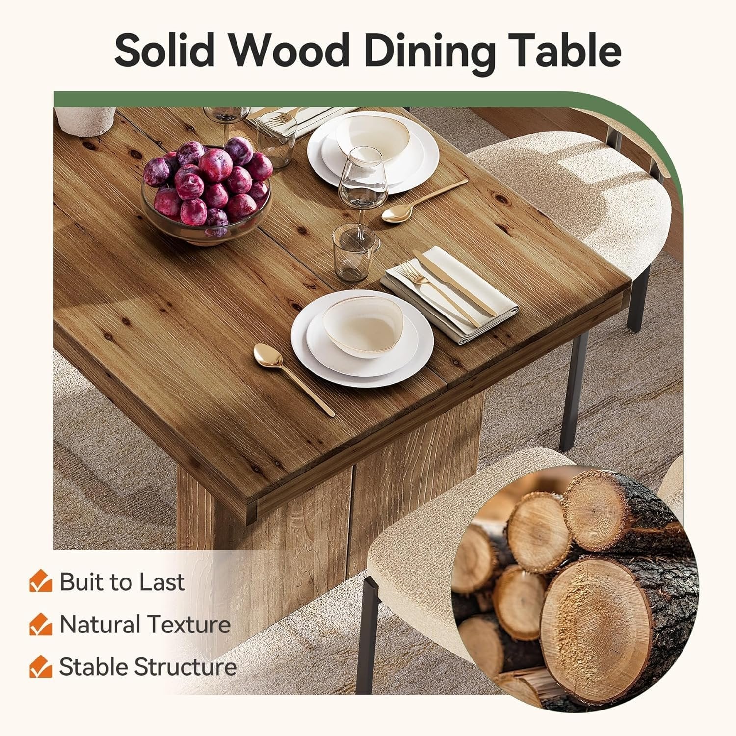 63" Rectangle Dining Table, Farmhouse Solid Wood Kitchen Dinner Table for 4-6 People - Image 5