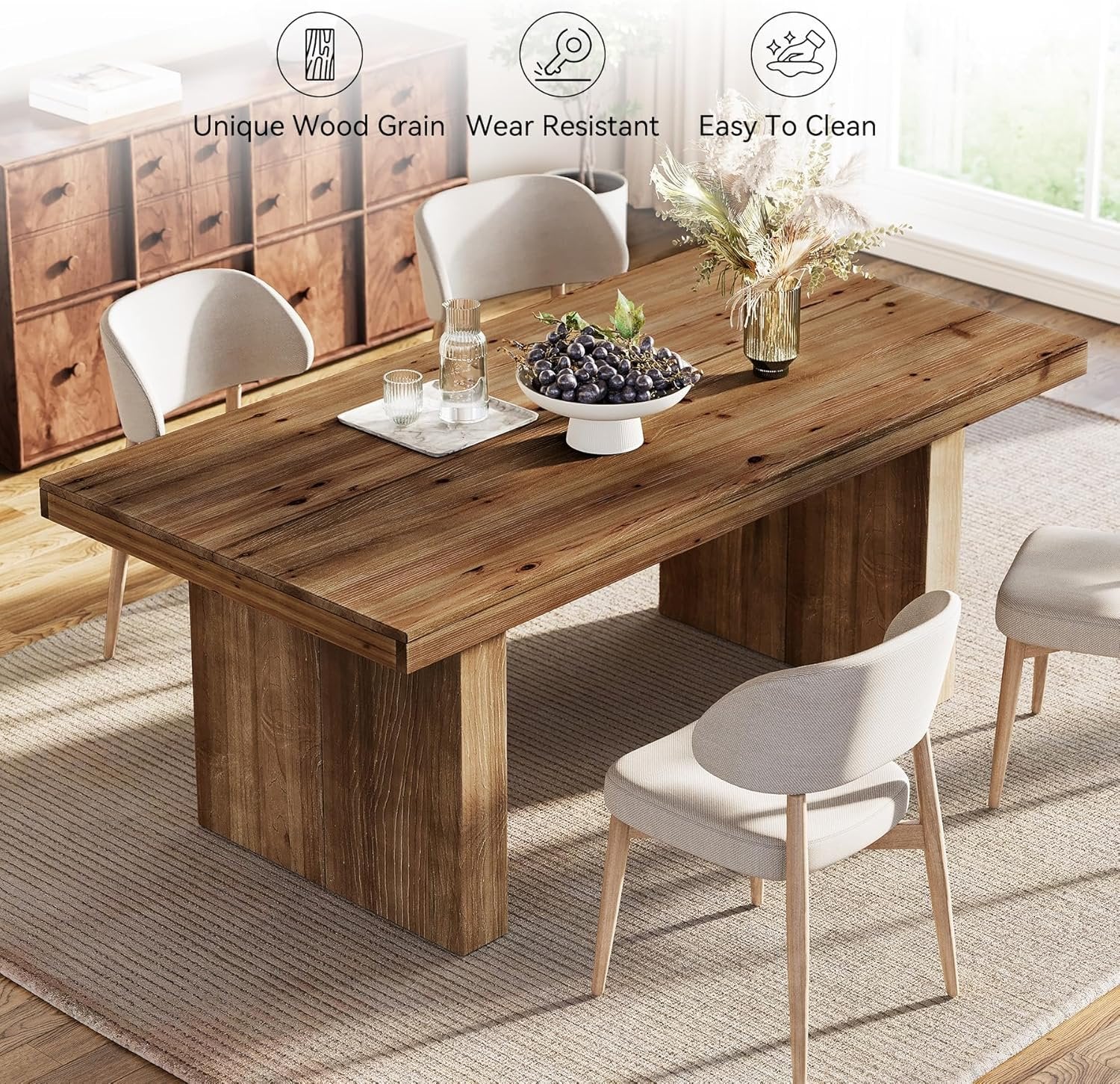 63" Rectangle Dining Table, Farmhouse Solid Wood Kitchen Dinner Table for 4-6 People - Image 6