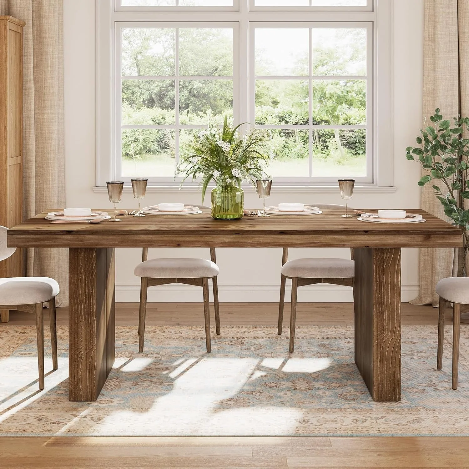 63" Rectangle Dining Table, Farmhouse Solid Wood Kitchen Dinner Table for 4-6 People - Image 7