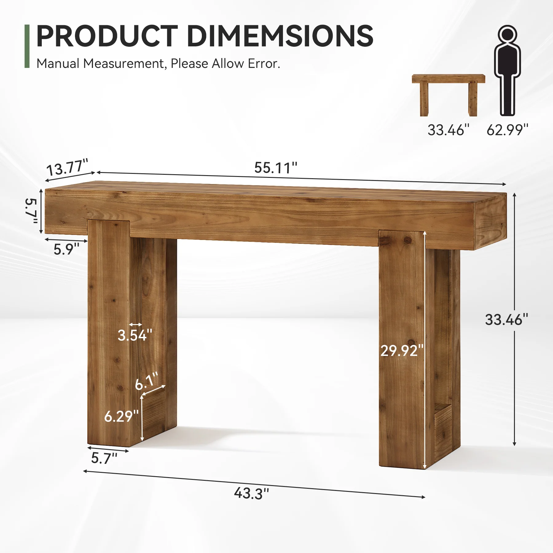 55" Rectangle Console Table, Farmhouse Solid Wood Sofa Table Entryway Furniture - Image 2