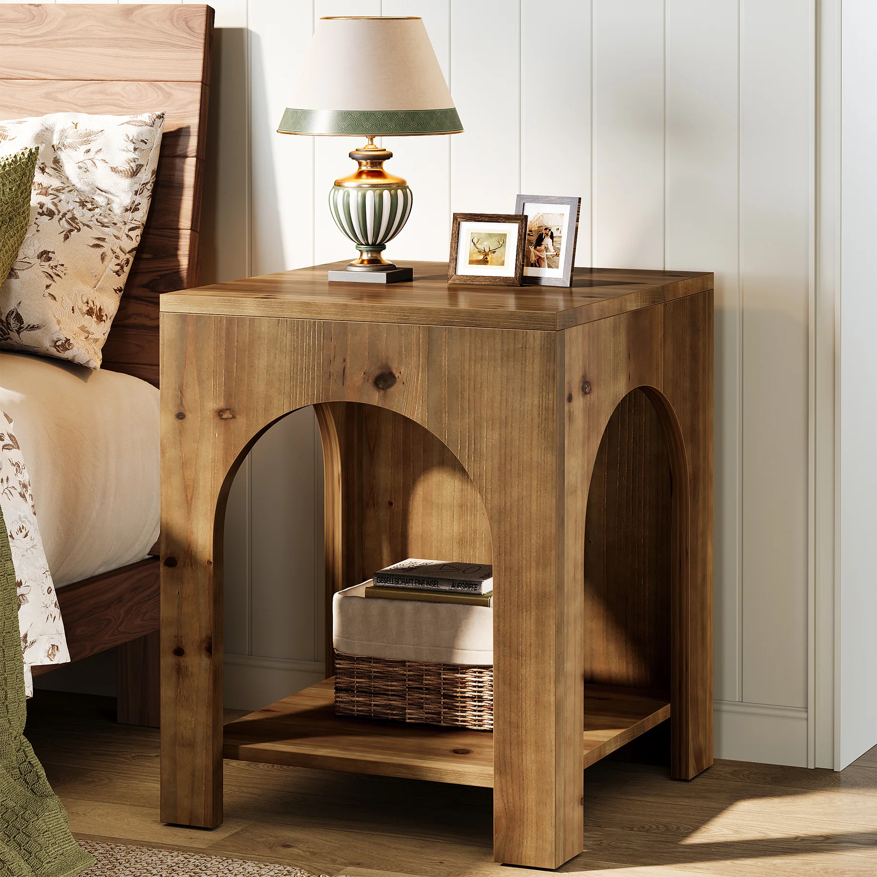 2-Tier End Table, Farmhouse Square Side Table with Arch Design - Image 5