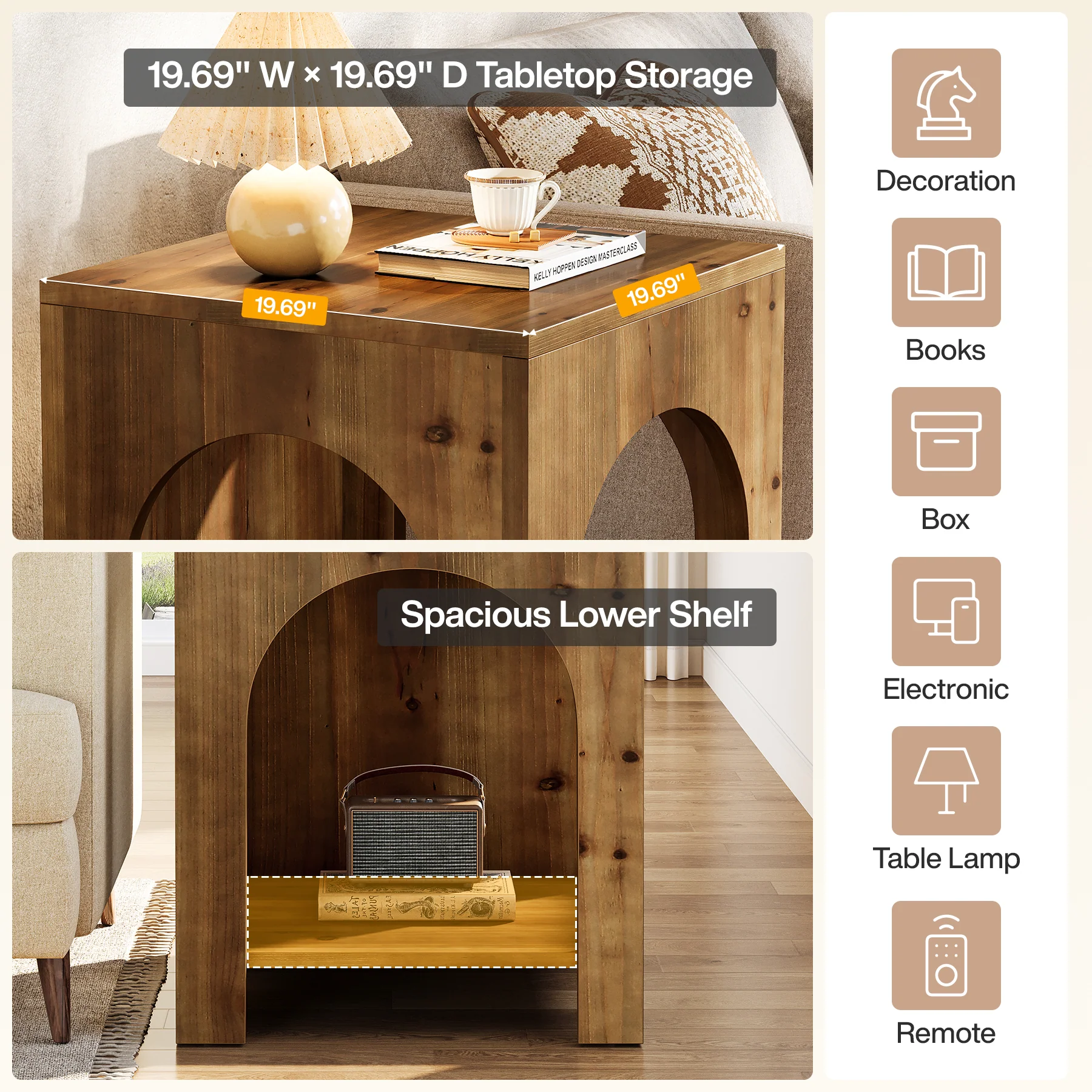 2-Tier End Table, Farmhouse Square Side Table with Arch Design - Image 7