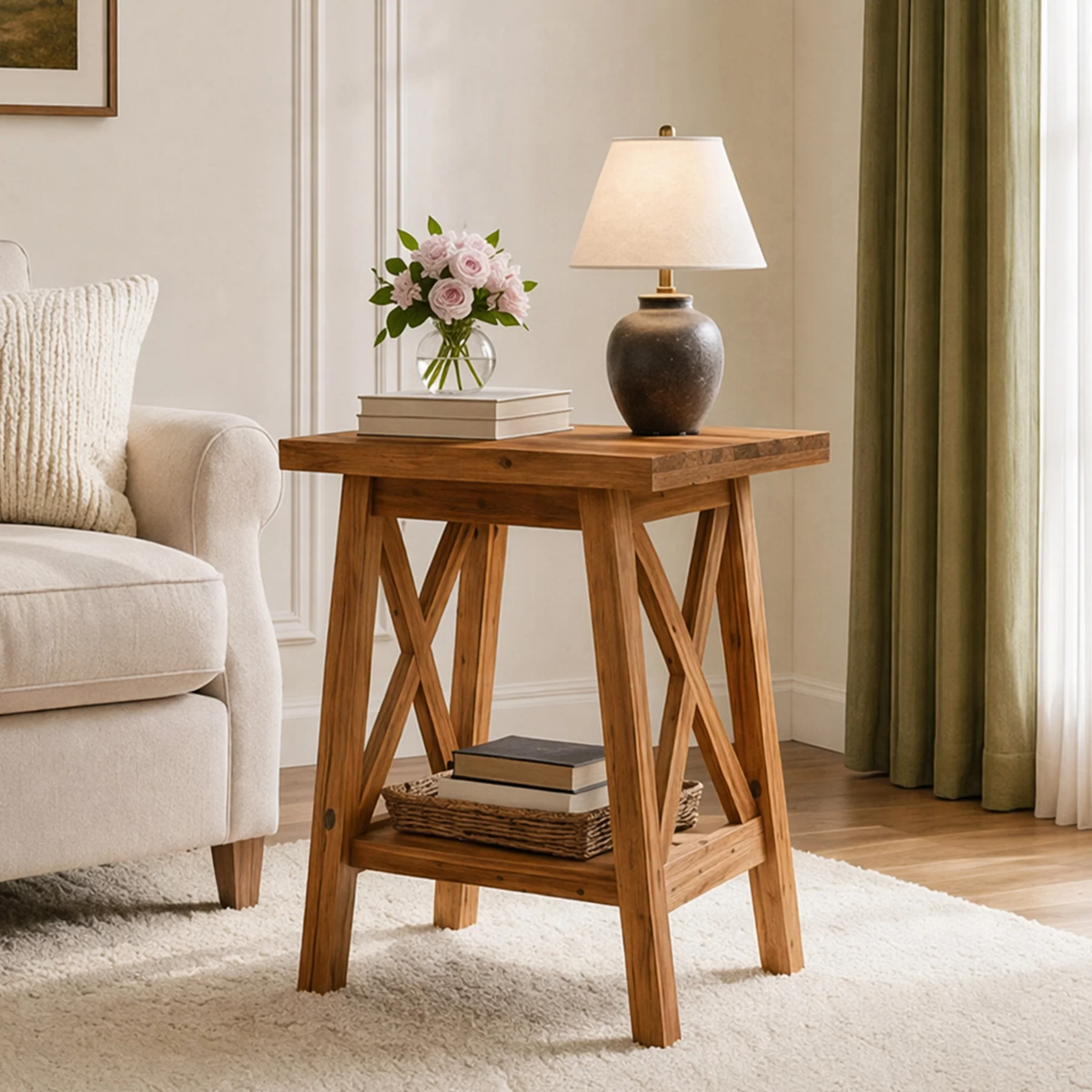 2-Tier Solid Wood End Table, Farmhouse Square Side Table Nightstand