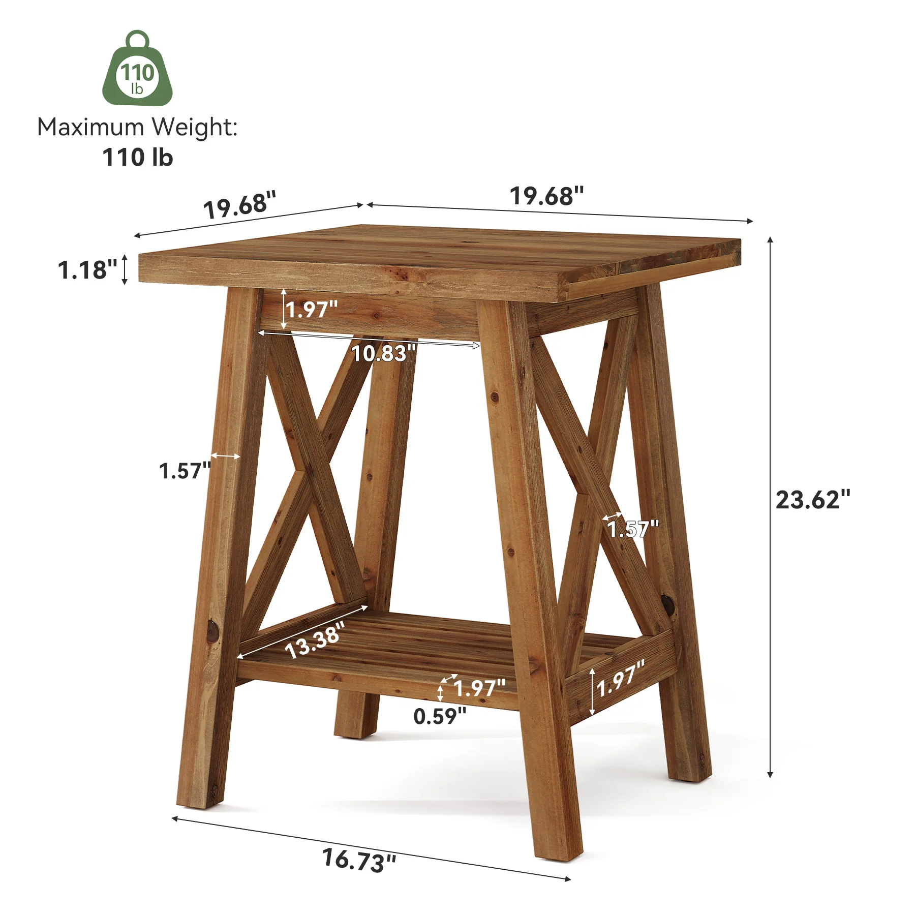 2-Tier Solid Wood End Table, Farmhouse Square Side Table Nightstand - Image 2
