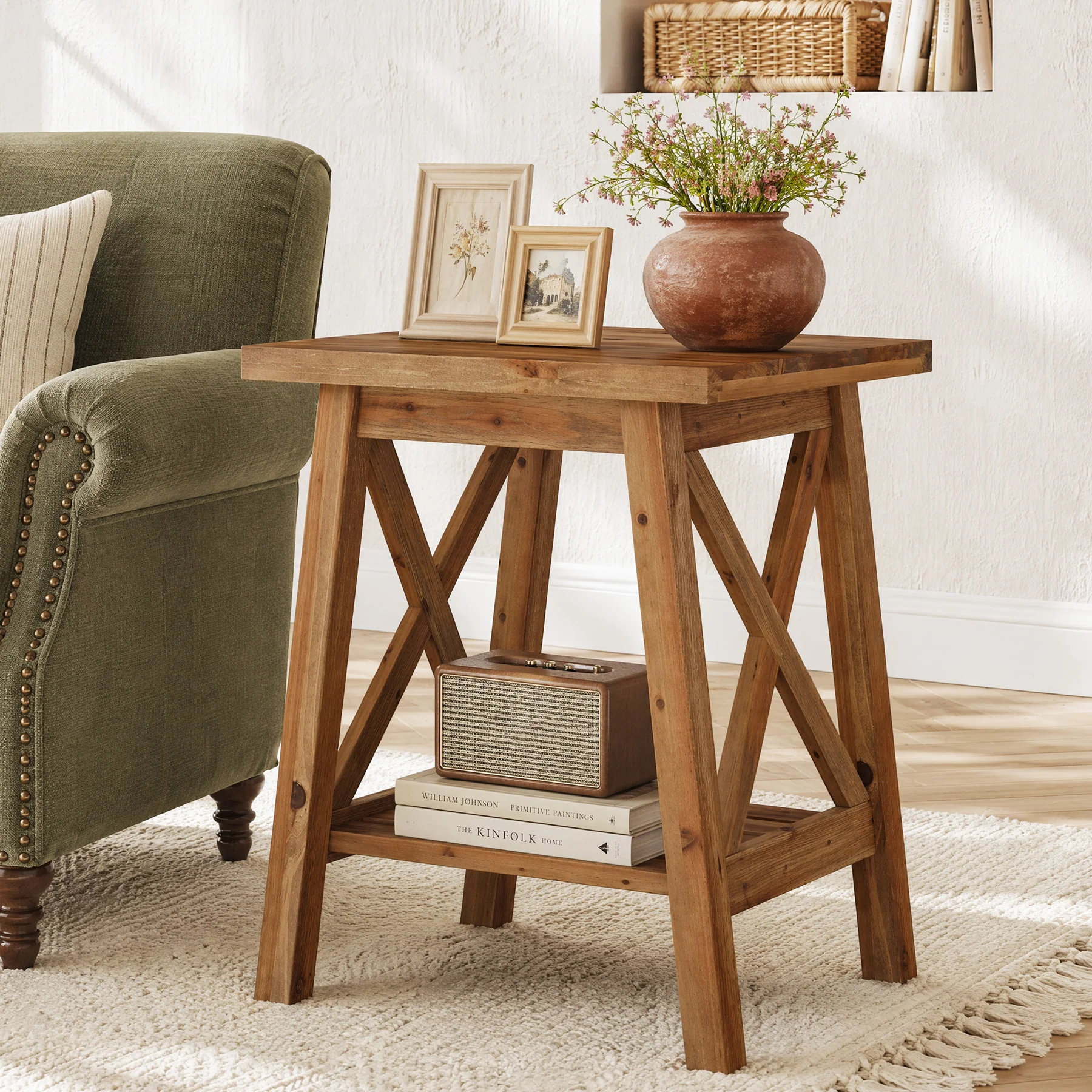 2-Tier Solid Wood End Table, Farmhouse Square Side Table Nightstand - Image 3