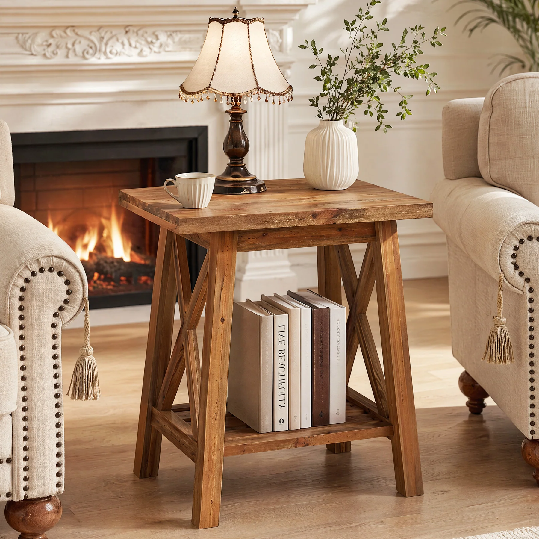 2-Tier Solid Wood End Table, Farmhouse Square Side Table Nightstand - Image 4