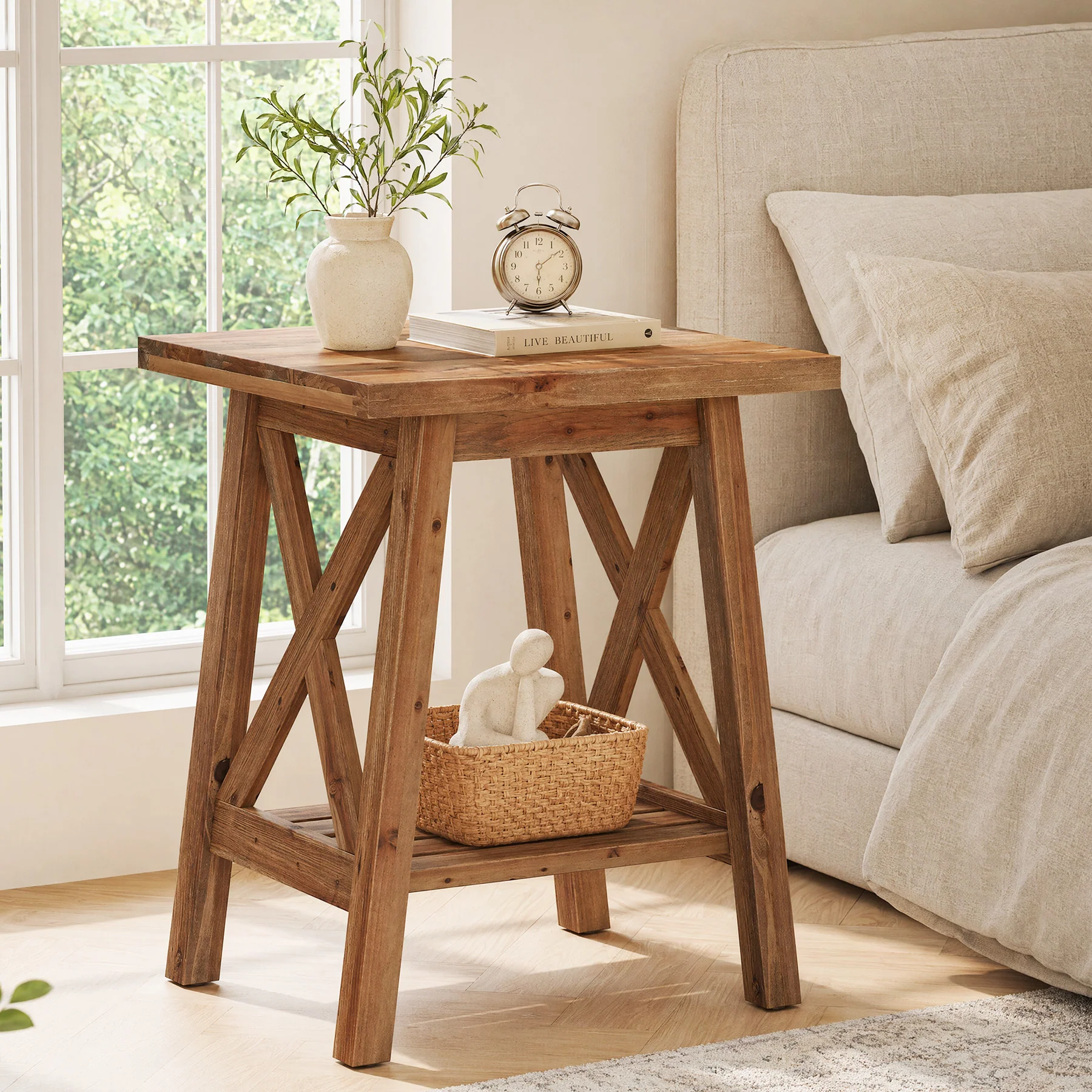 2-Tier Solid Wood End Table, Farmhouse Square Side Table Nightstand - Image 5