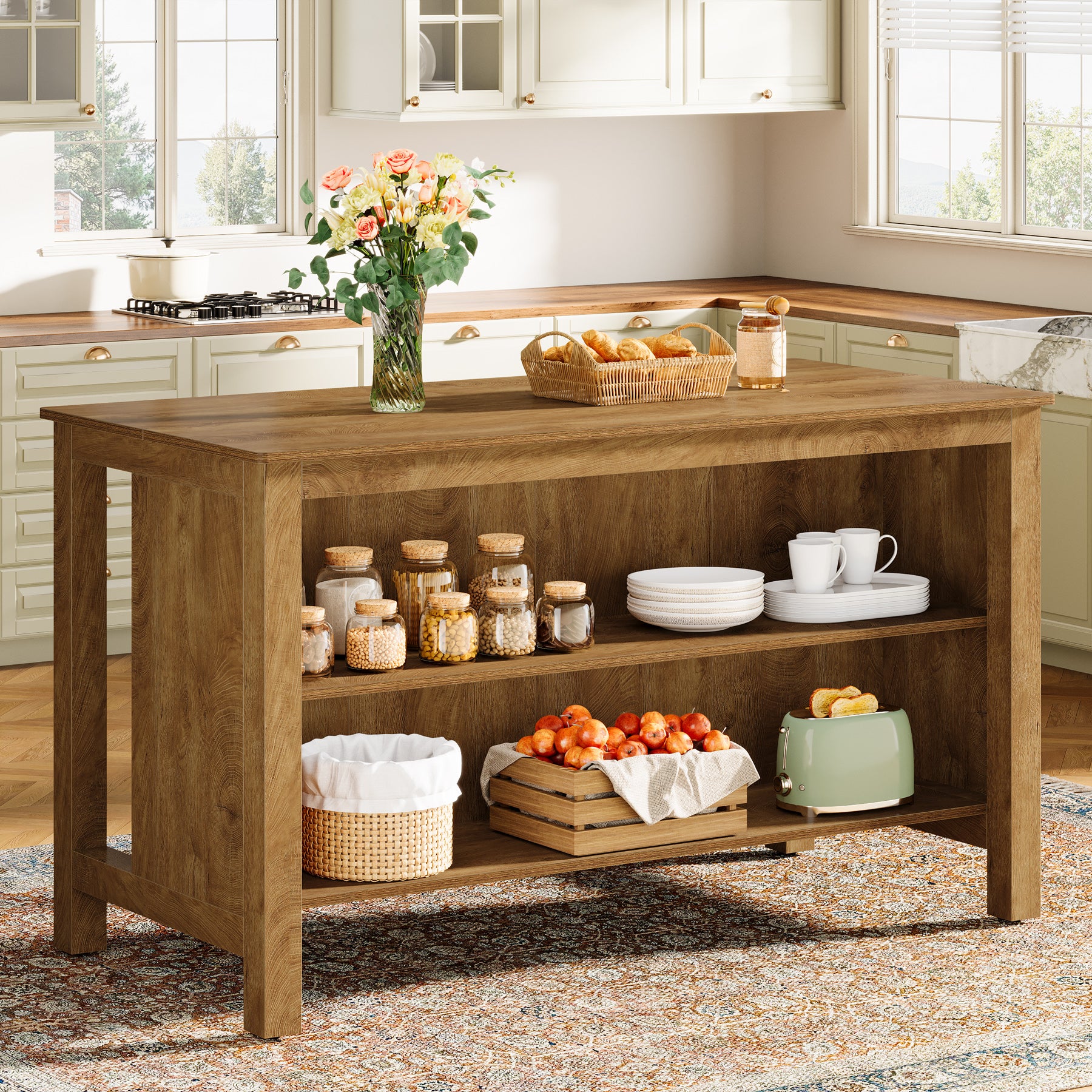 59" Kitchen Island, Farmhouse Stationary Island Table with Storage for Kitchen - Image 11