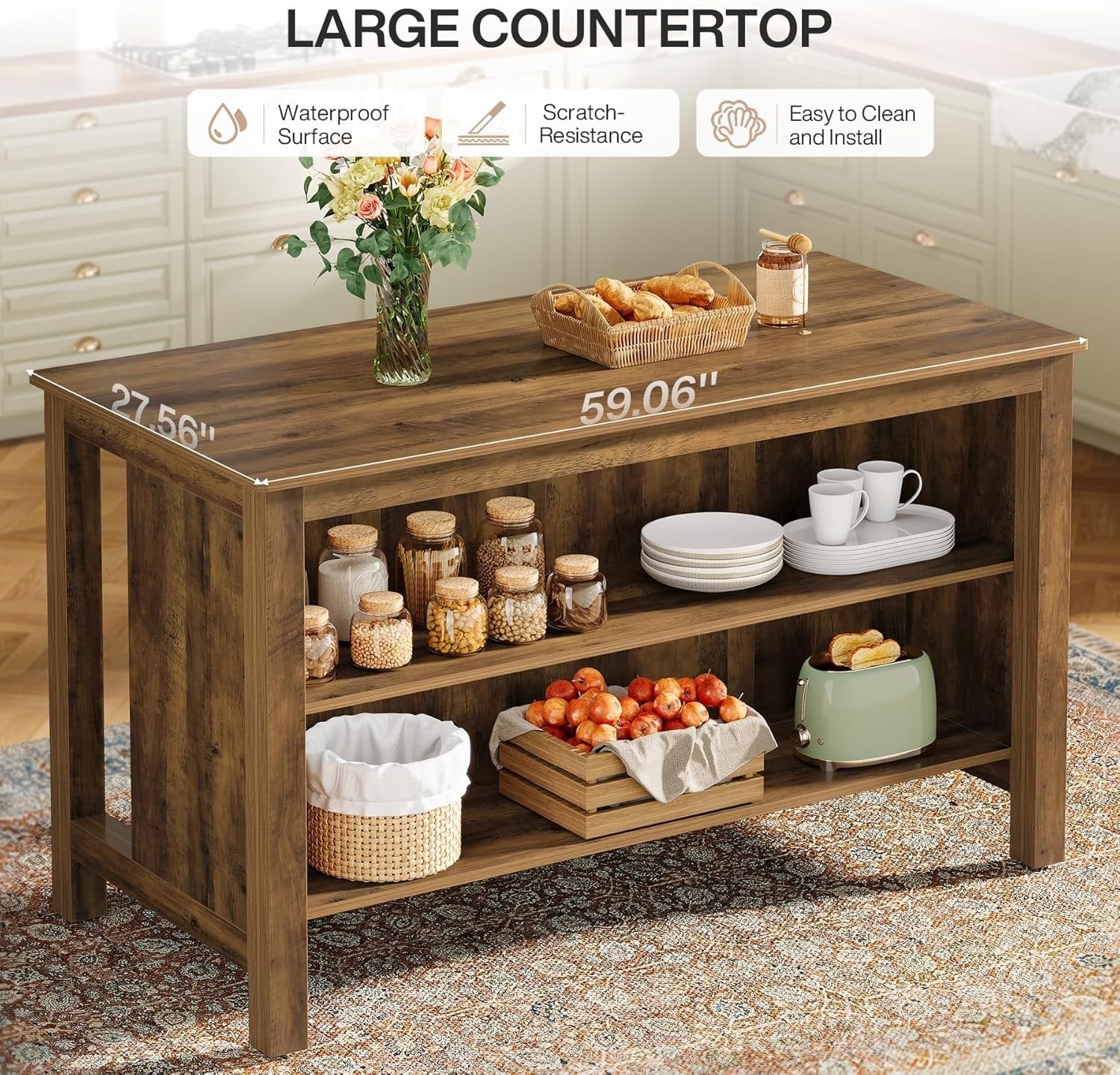 59" Kitchen Island, Farmhouse Stationary Island Table with Storage for Kitchen - Image 6