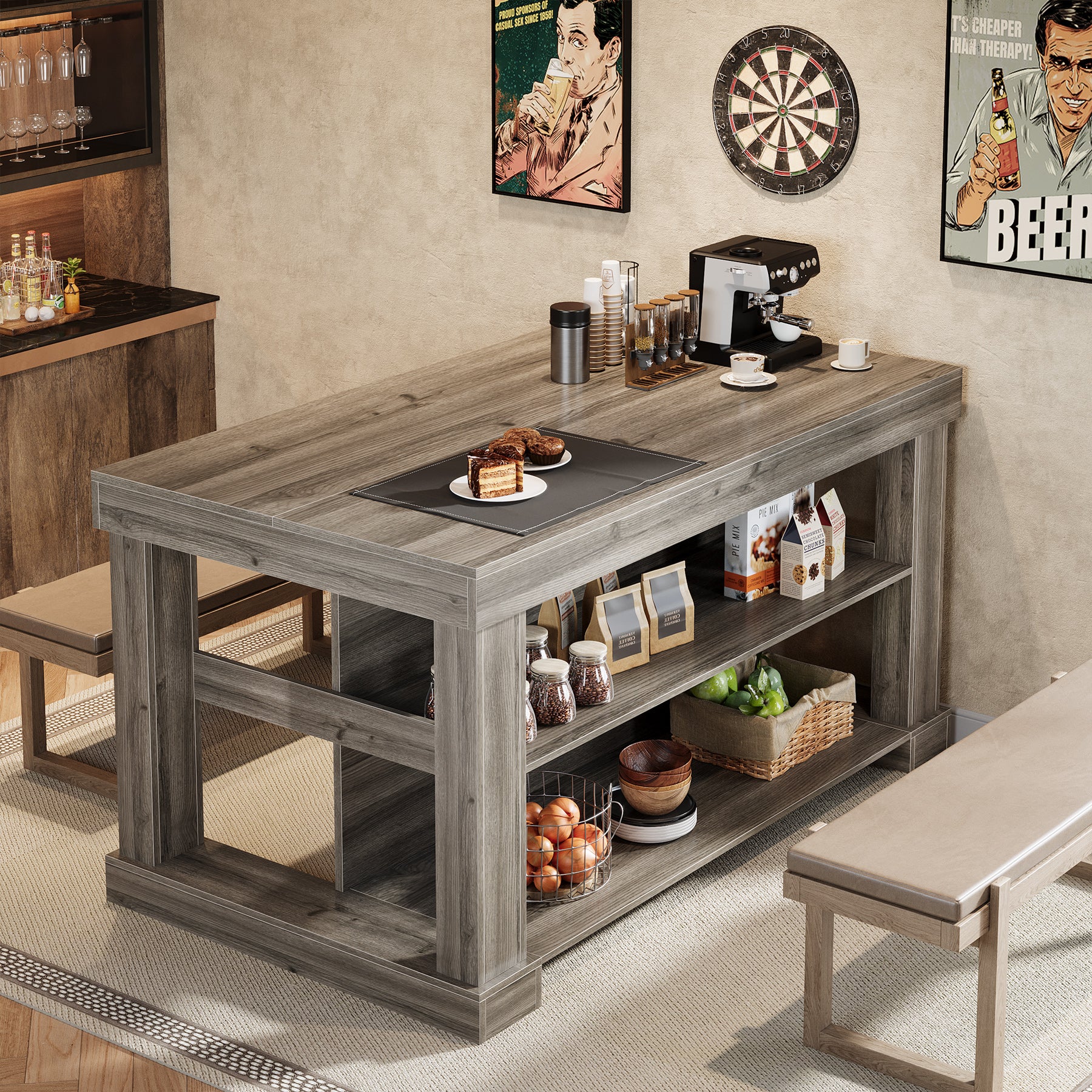 55" Kitchen Island, Farmhouse Stationary Island Unit with 2-Tier Storage - Image 31