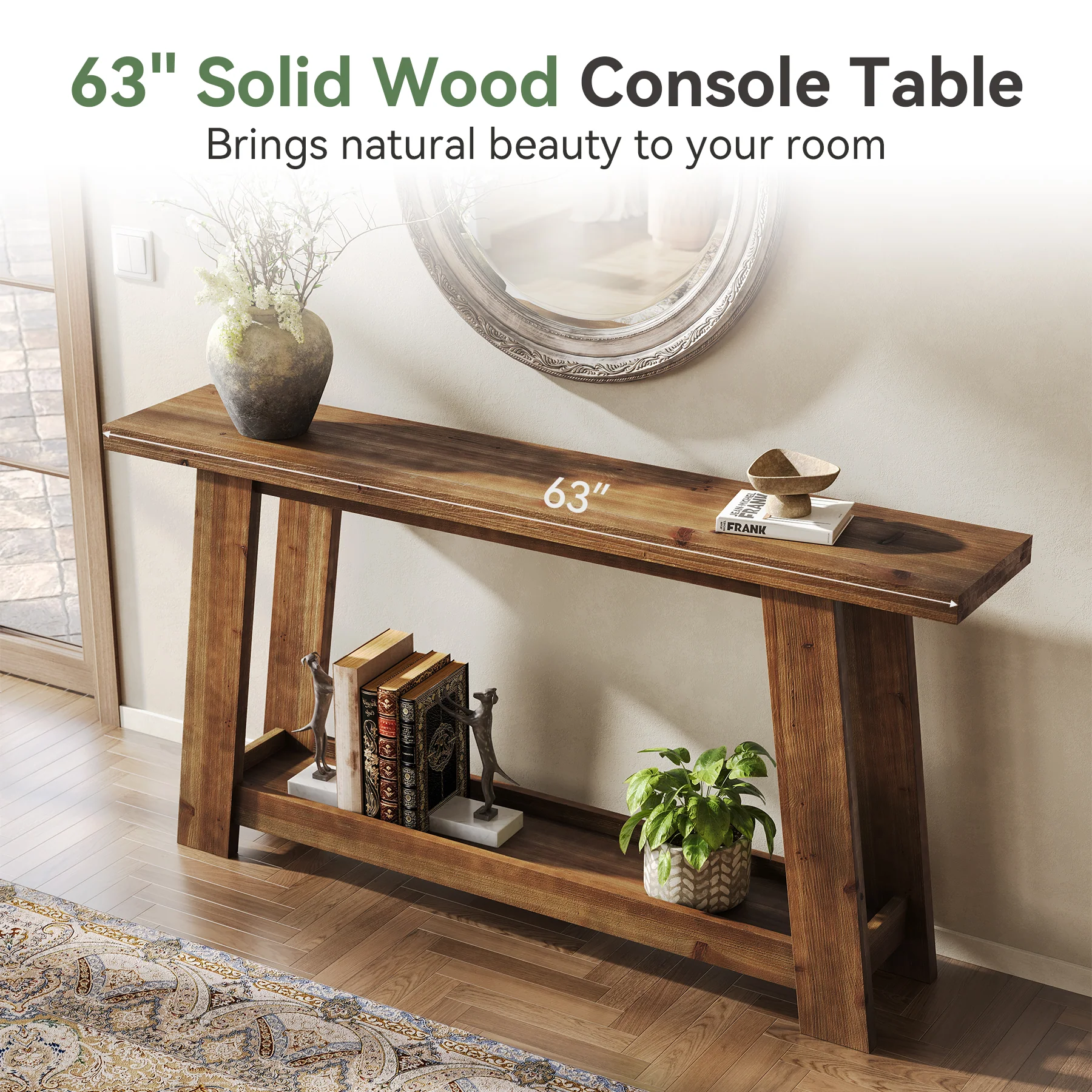 63" Console Table, Farmhouse Wood Sofa Entryway Table with 2-Tier Shelf - Image 7