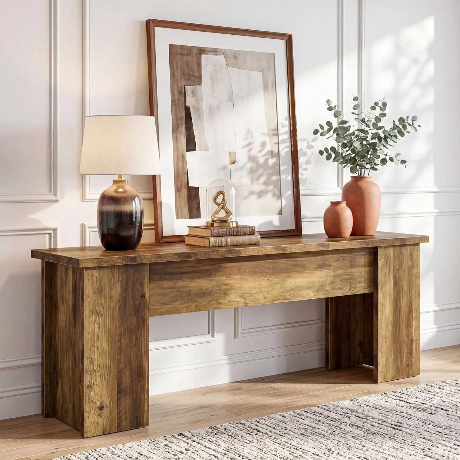 63" Low Console Table, Farmhouse Wooden Entryway Table Sofa Table for Living Room