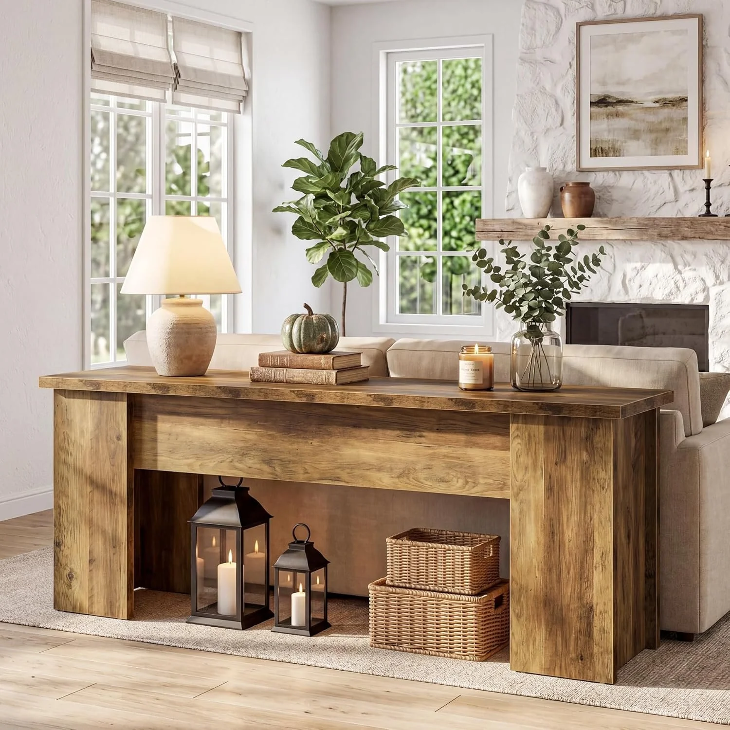 63" Low Console Table, Farmhouse Wooden Entryway Table Sofa Table for Living Room - Image 6