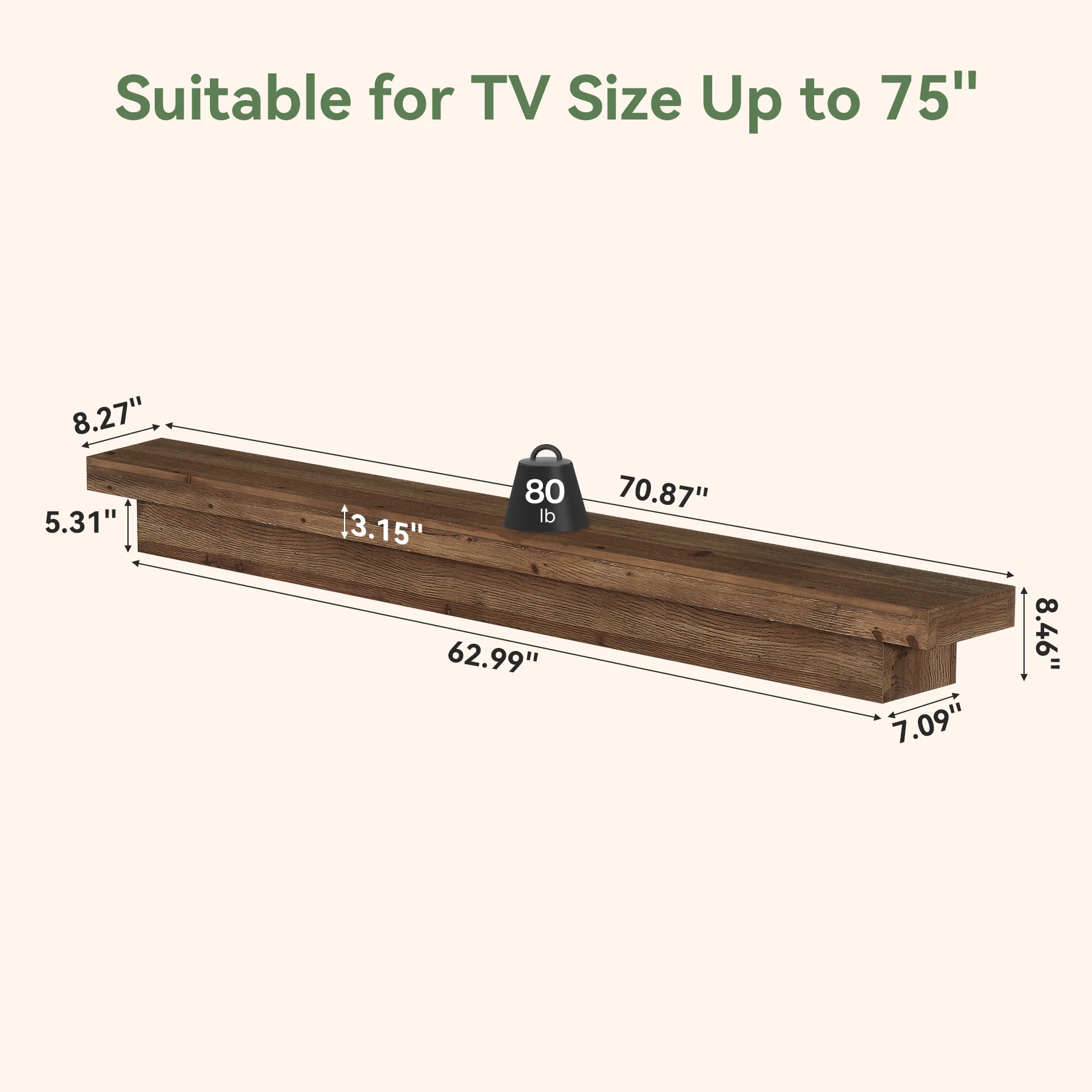 70.9" Solid Wood TV Stand, Floating Wall Mounted TV Shelf for TVs up to 75 Inches - Image 2