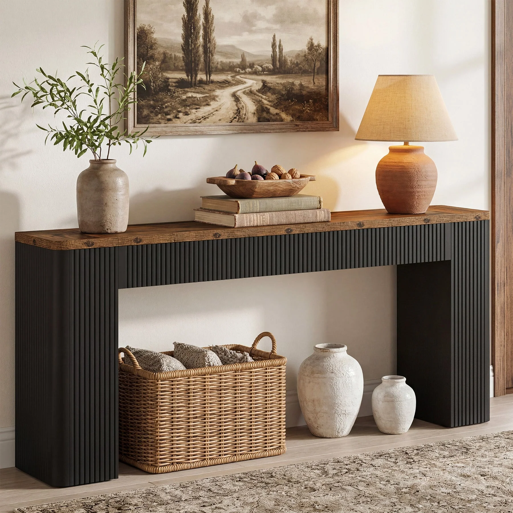 82.7" Long Console Table, Fluted Narrow Sofa Table Entryway Table with Curved Edges