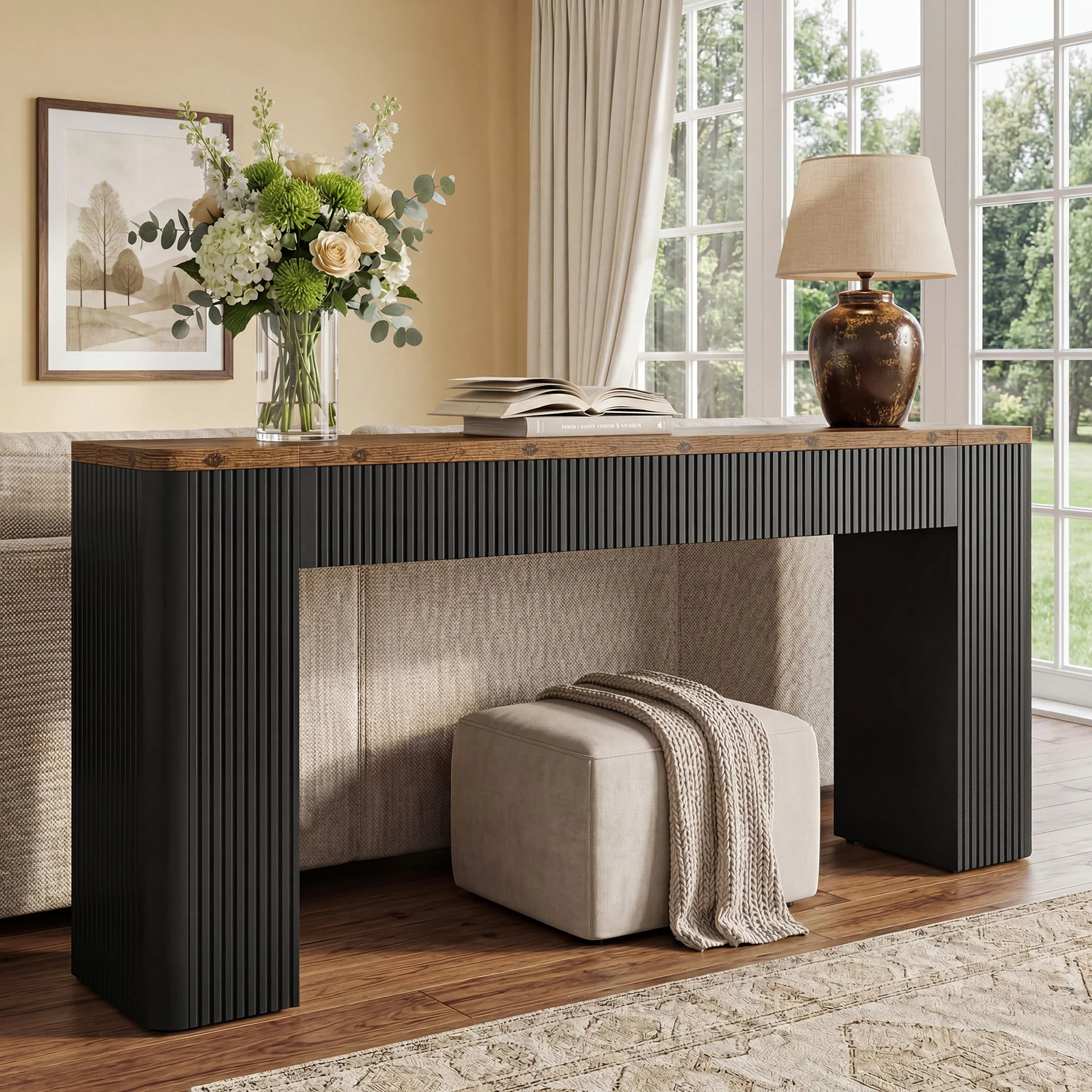 82.7" Long Console Table, Fluted Narrow Sofa Table Entryway Table with Curved Edges - Image 3
