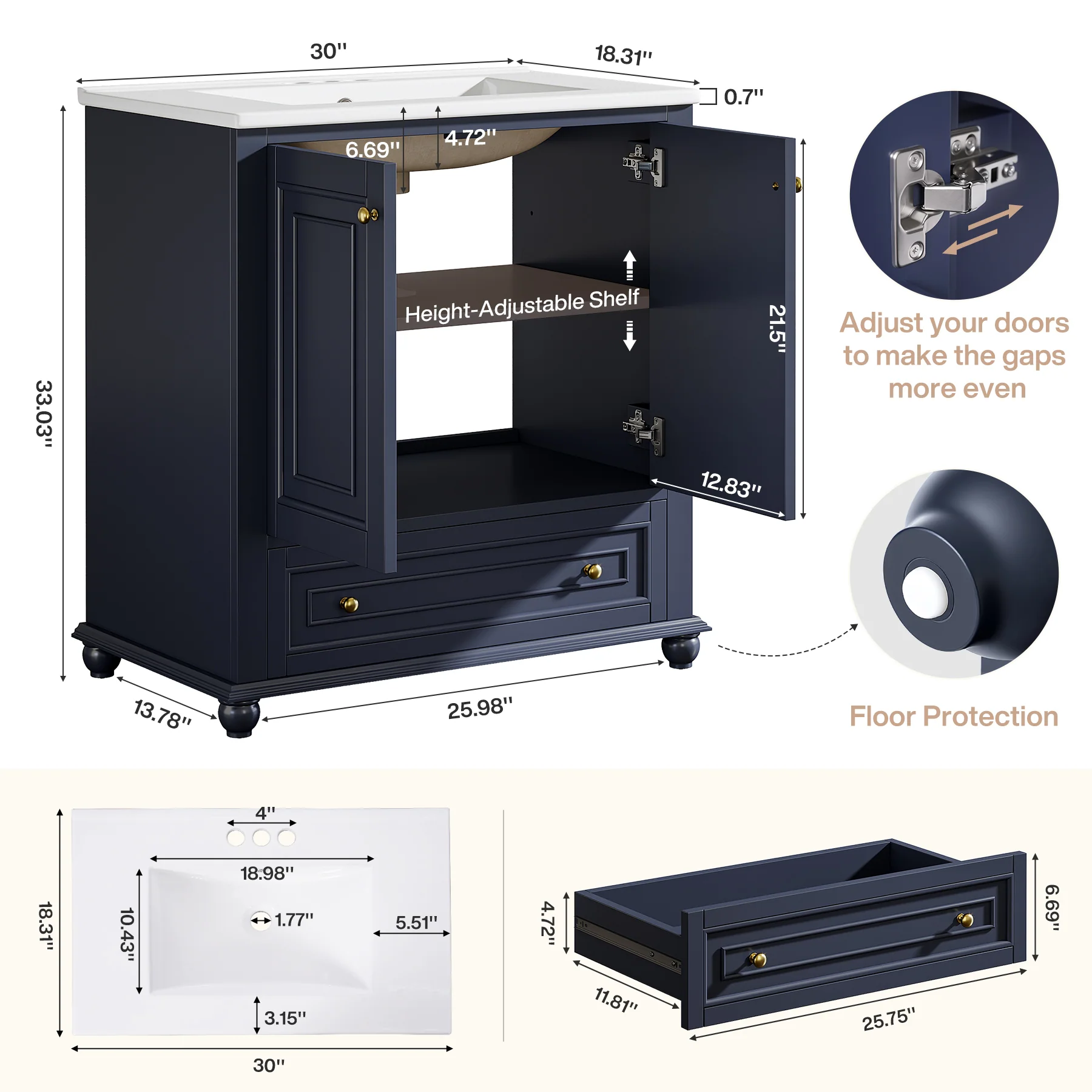 Modern Bathroom Vanity, Freestanding Bathroom Storage Vanity Cabinet with 2 Doors - Image 16