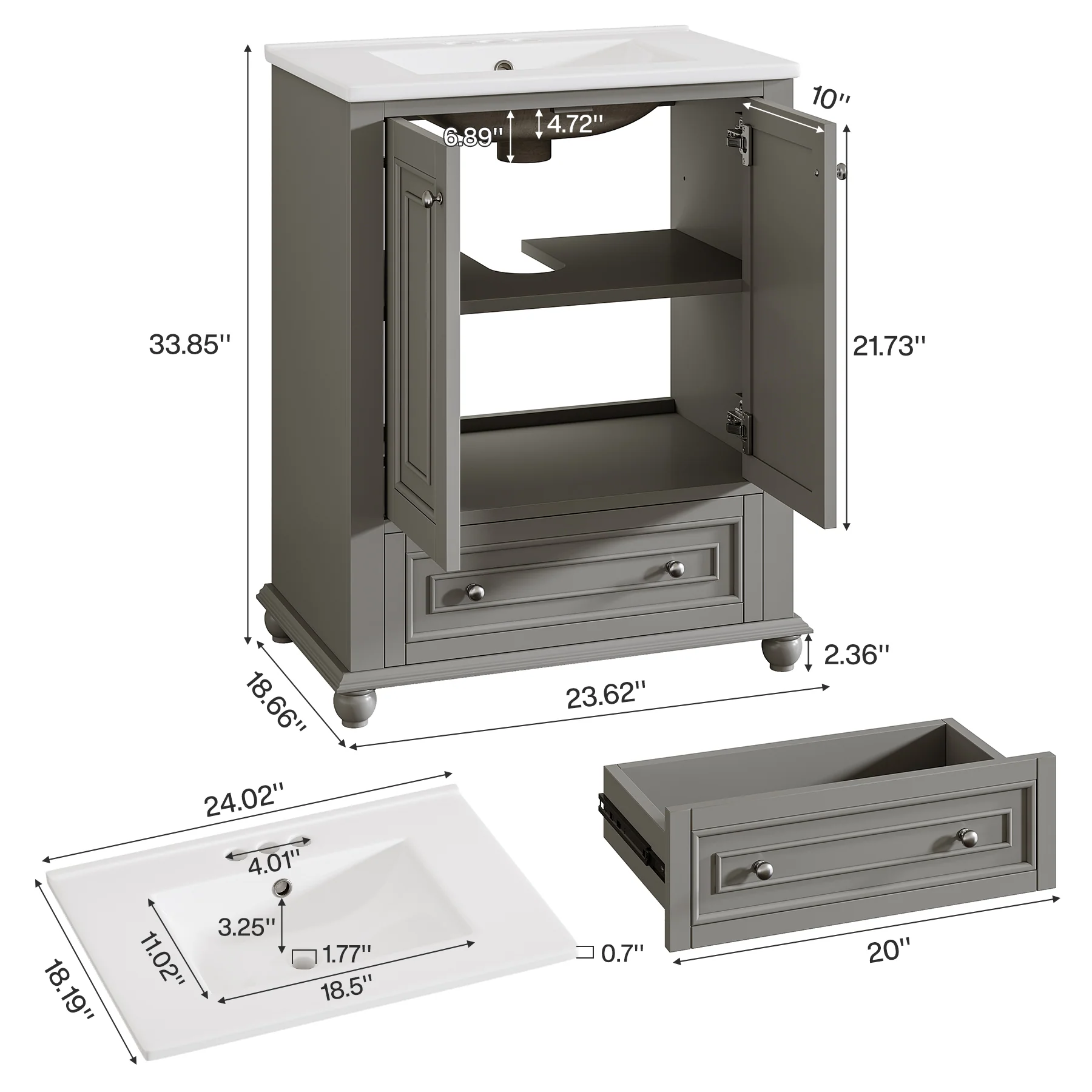 Modern Bathroom Vanity, Freestanding Bathroom Storage Vanity Cabinet with 2 Doors - Image 2
