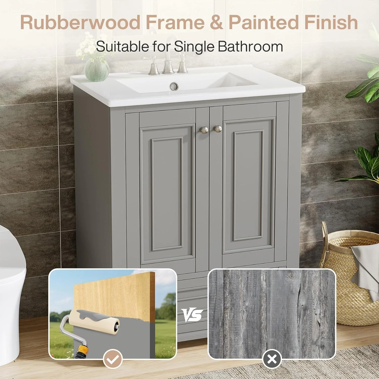 Modern Bathroom Vanity, Freestanding Bathroom Storage Vanity Cabinet with 2 Doors - Image 6