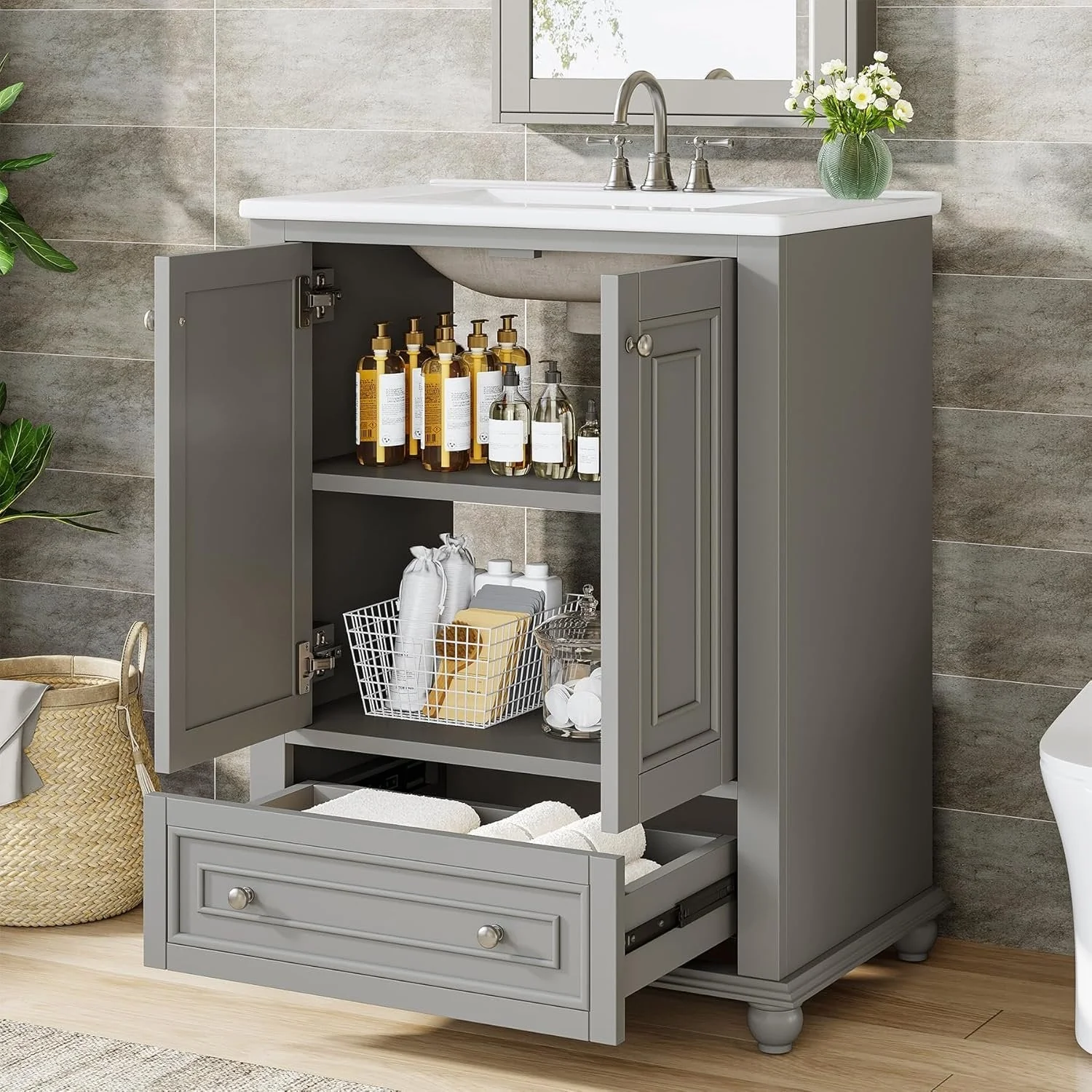 Modern Bathroom Vanity, Freestanding Bathroom Storage Vanity Cabinet with 2 Doors - Image 7