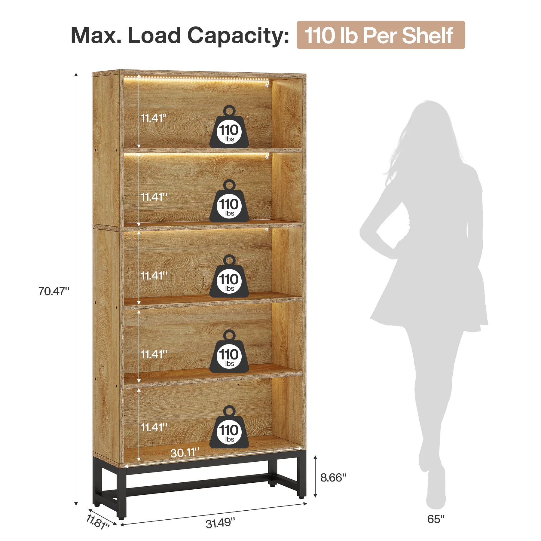 70.4" Bookshelf, FreeStanding Bookcases Display Organizer with LED Light - Image 2