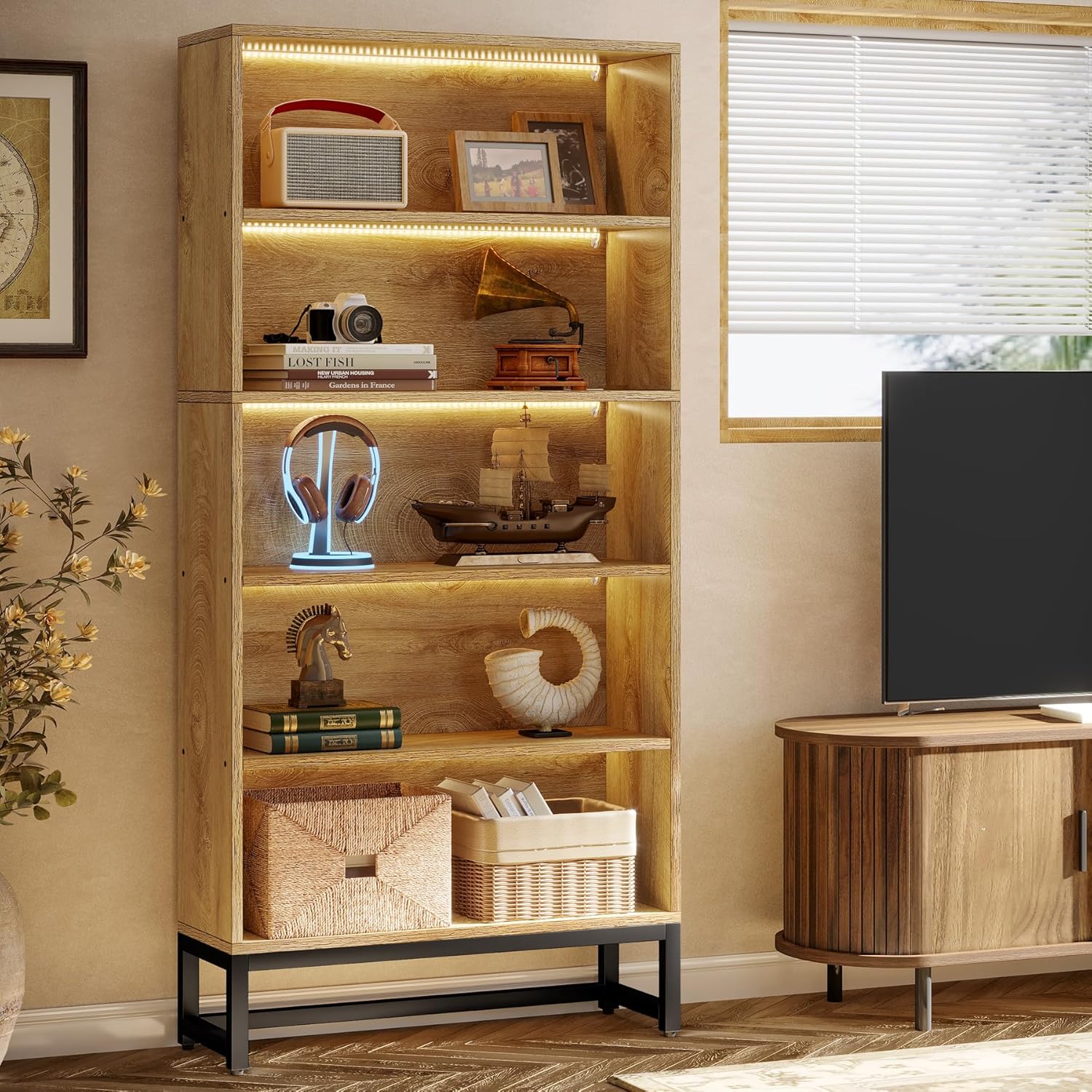70.4" Bookshelf, FreeStanding Bookcases Display Organizer with LED Light - Image 4