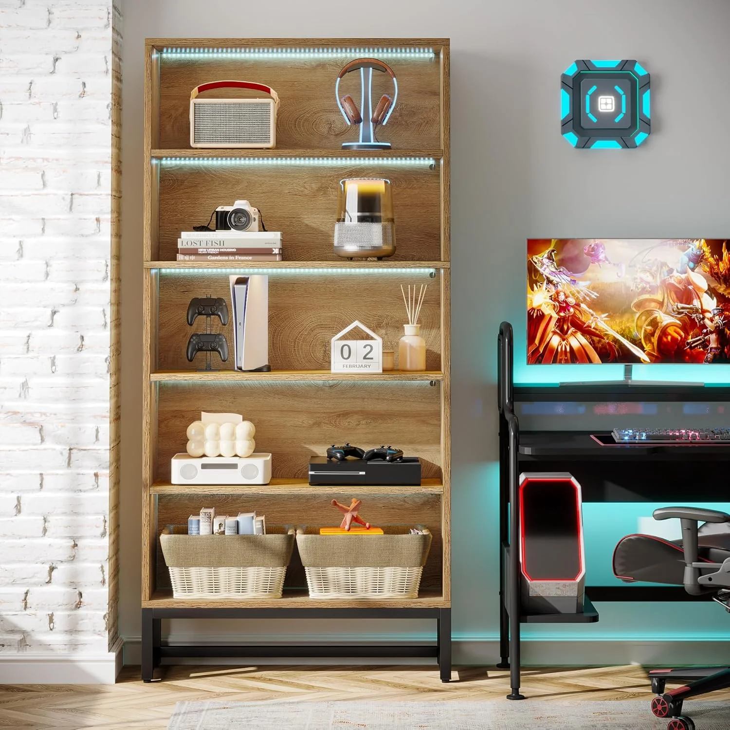 70.4" Bookshelf, FreeStanding Bookcases Display Organizer with LED Light - Image 5