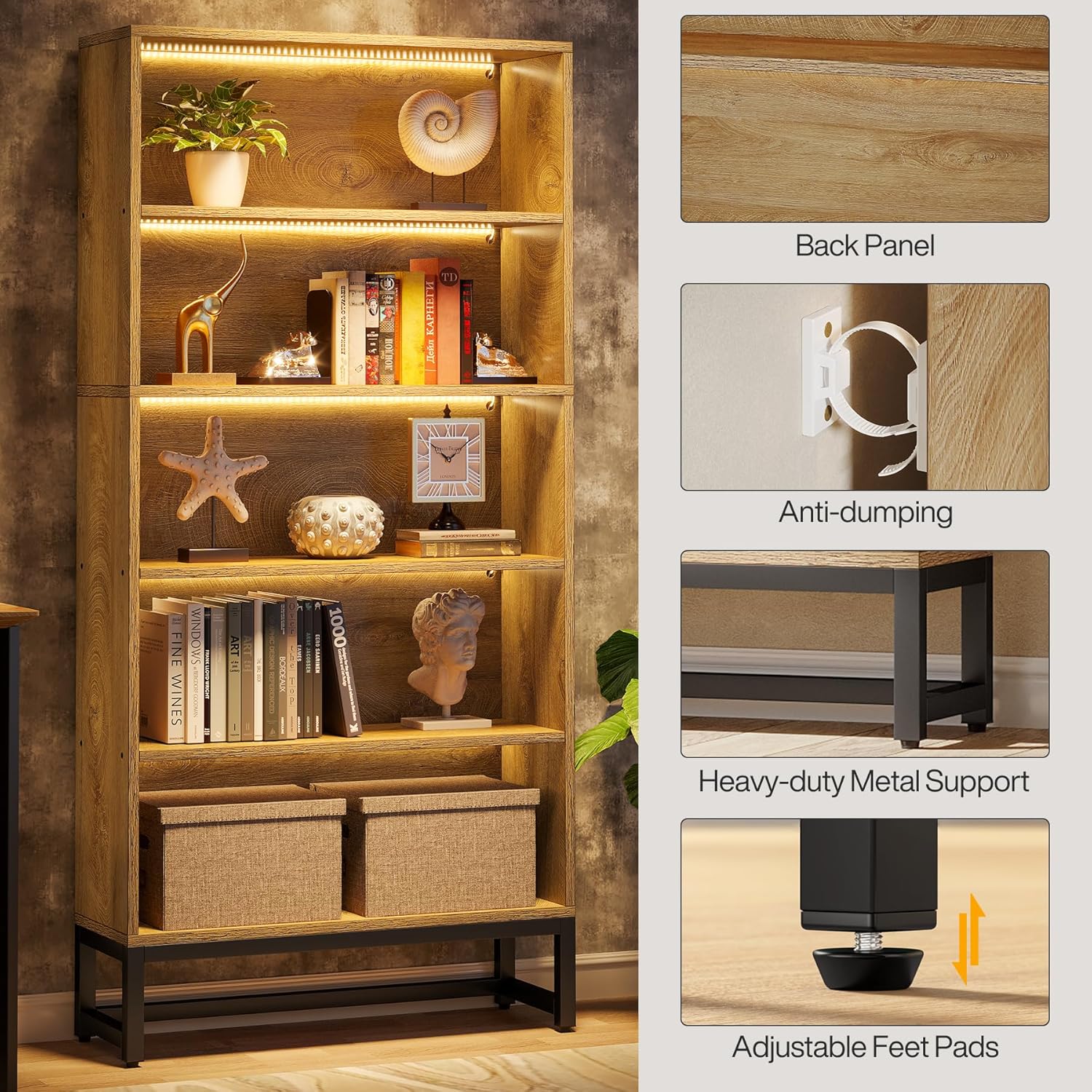 70.4" Bookshelf, FreeStanding Bookcases Display Organizer with LED Light - Image 8