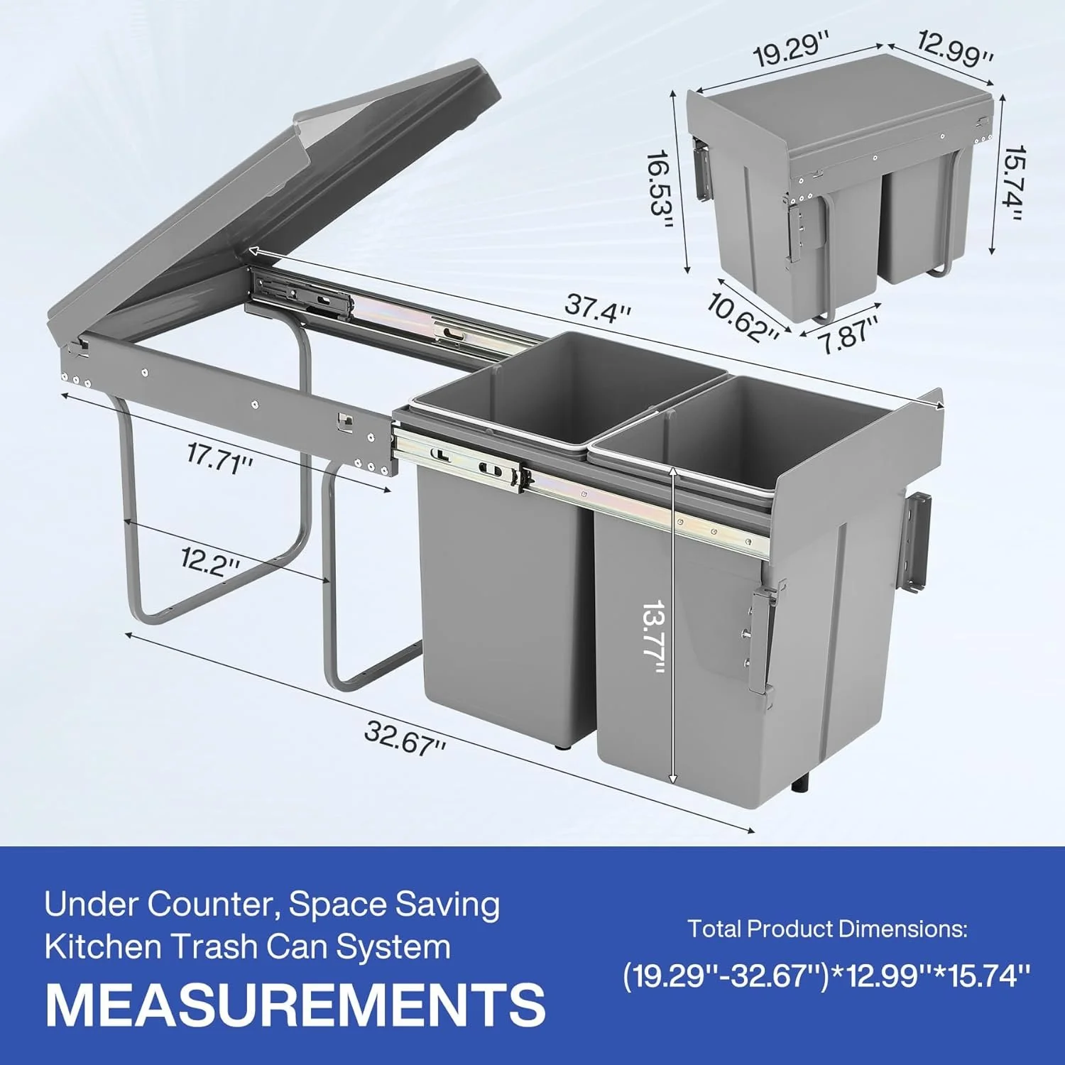 Double Pull Out Trash Can, Garbage for Under Kitchen Cabinets 44 Qt with Soft-Close Slides - Image 2