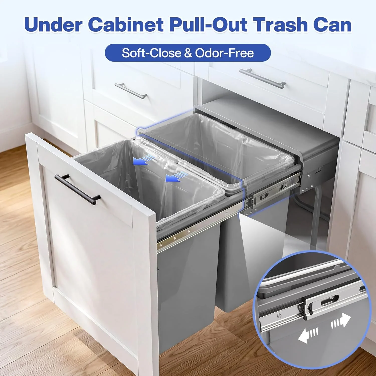 Double Pull Out Trash Can, Garbage for Under Kitchen Cabinets 44 Qt with Soft-Close Slides - Image 3