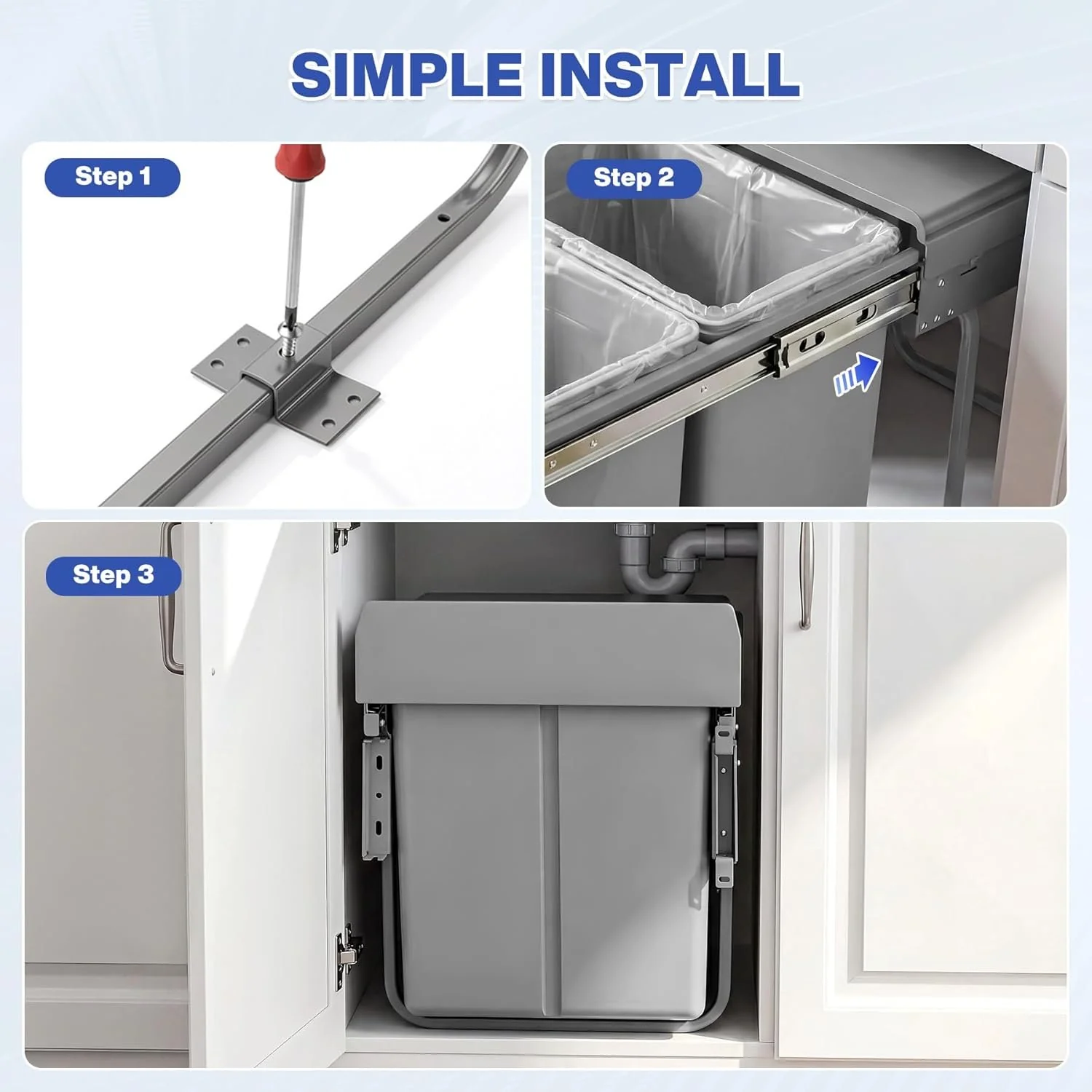 Double Pull Out Trash Can, Garbage for Under Kitchen Cabinets 44 Qt with Soft-Close Slides - Image 9