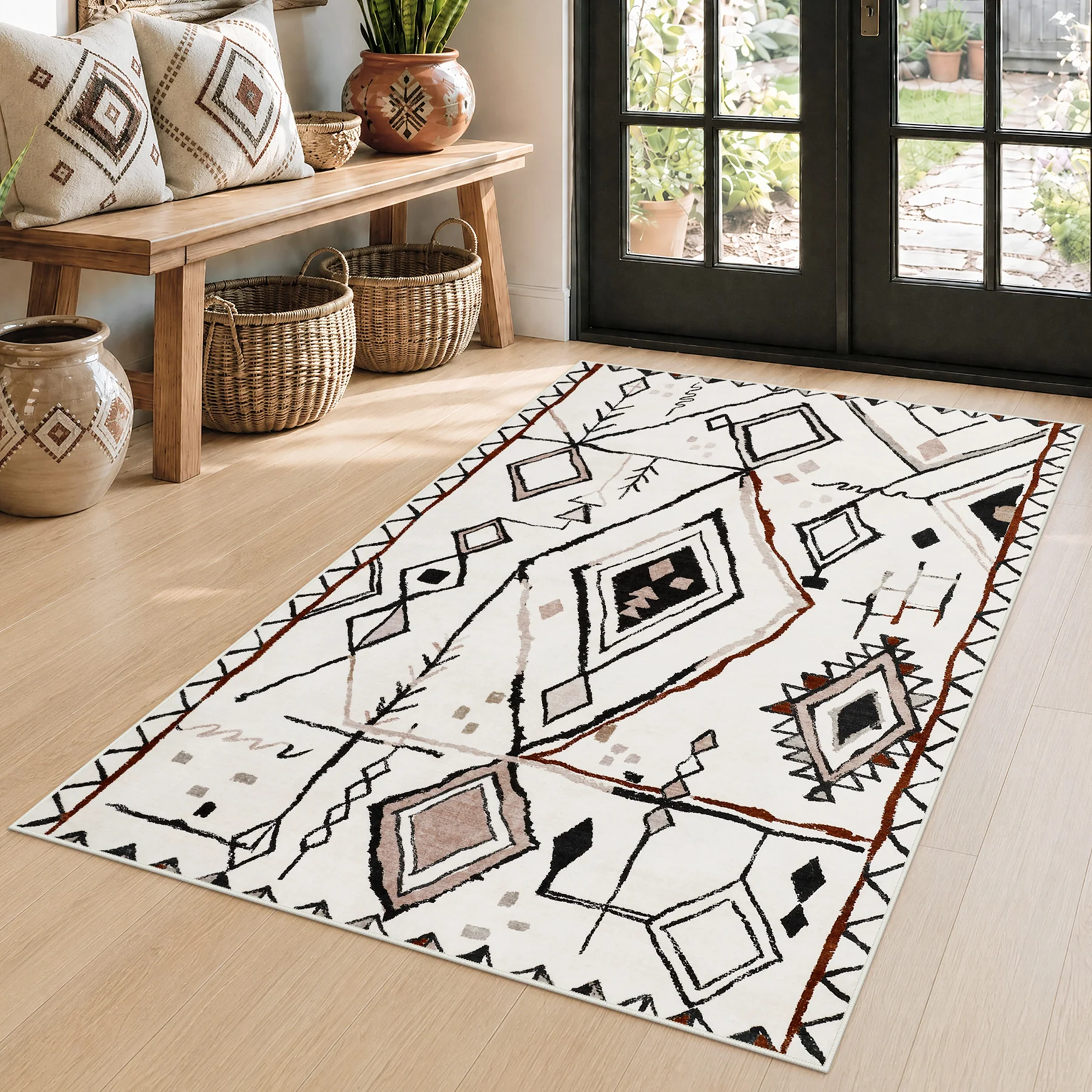 3x5/5x7 Vintage Boho Moroccan Area Rug, Non-Slip Geometric Neutral Soft Low Pile Throw Carpet, Oeko-Tex Certified