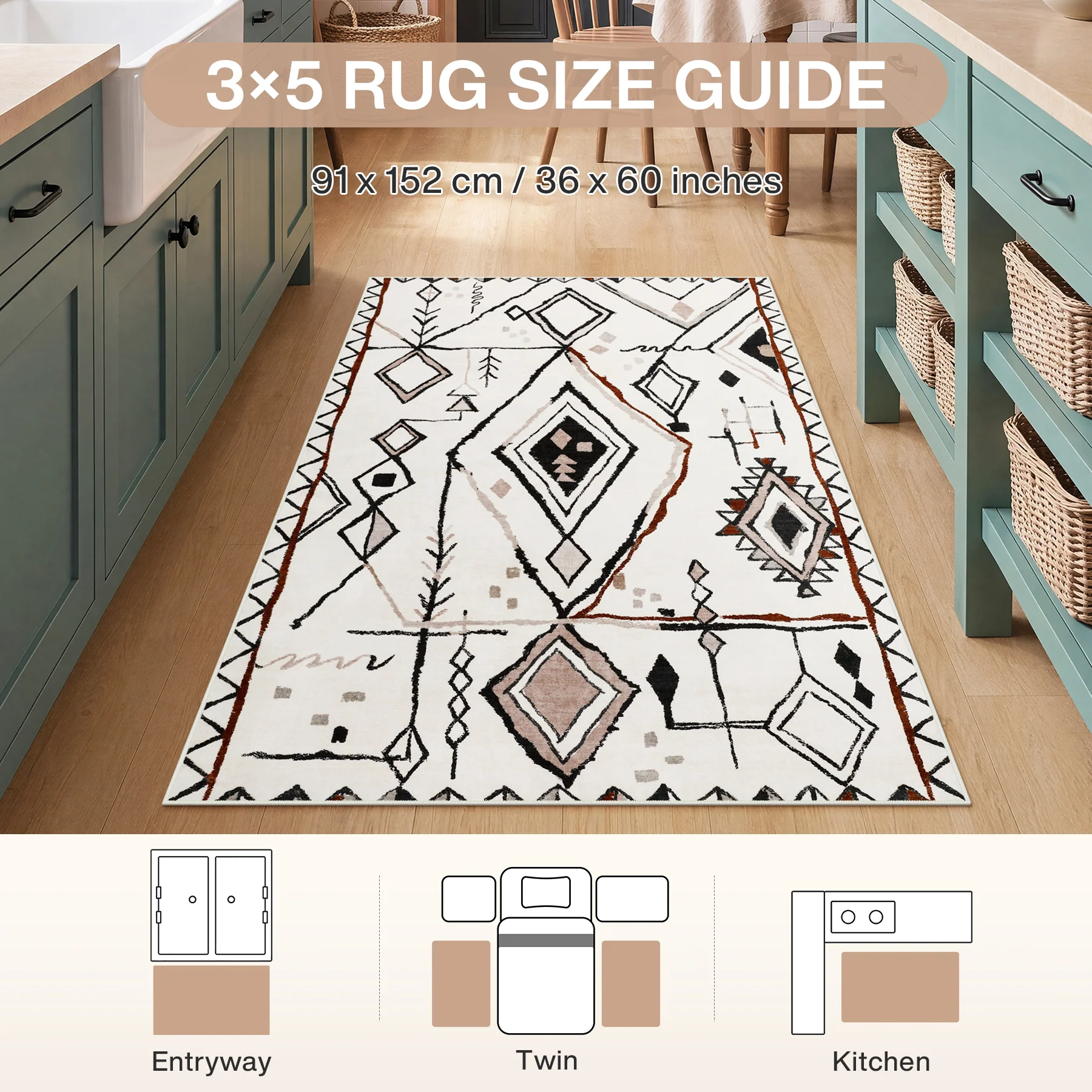 3x5/5x7 Vintage Boho Moroccan Area Rug, Non-Slip Geometric Neutral Soft Low Pile Throw Carpet, Oeko-Tex Certified - Image 2