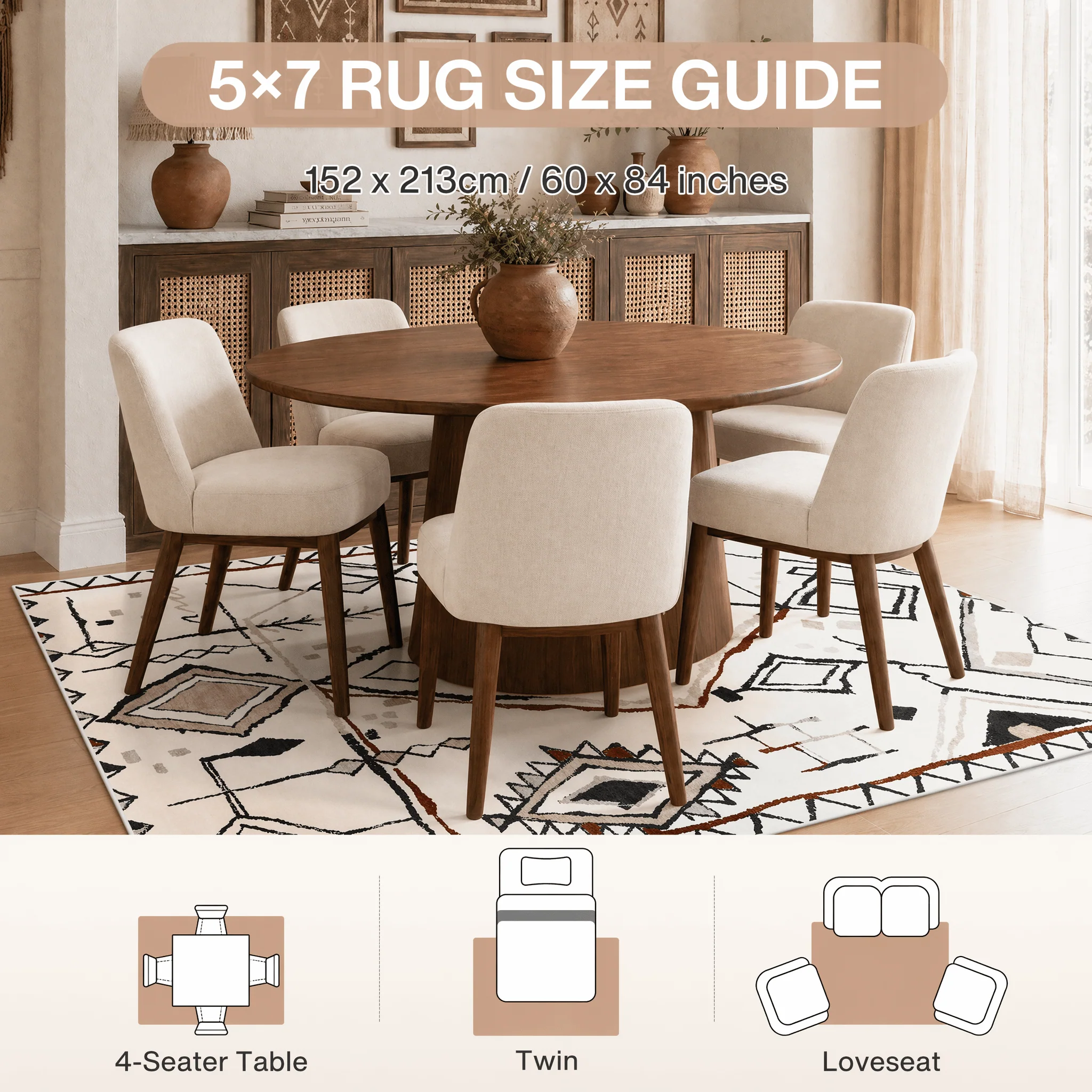 3x5/5x7 Vintage Boho Moroccan Area Rug, Non-Slip Geometric Neutral Soft Low Pile Throw Carpet, Oeko-Tex Certified - Image 8