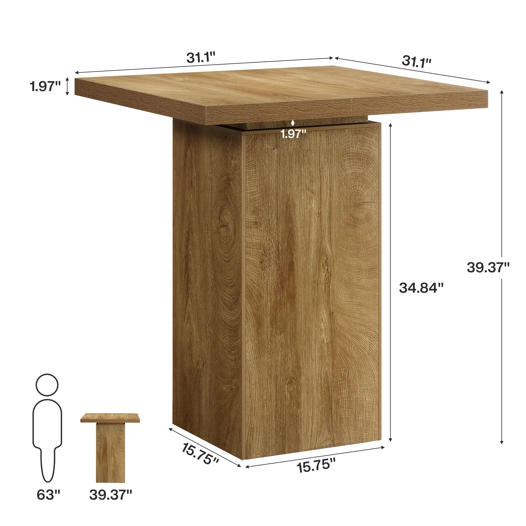 39.4" Square Bar Table, High Top Bistro Pub Cocktail Table Dining Table - Image 2