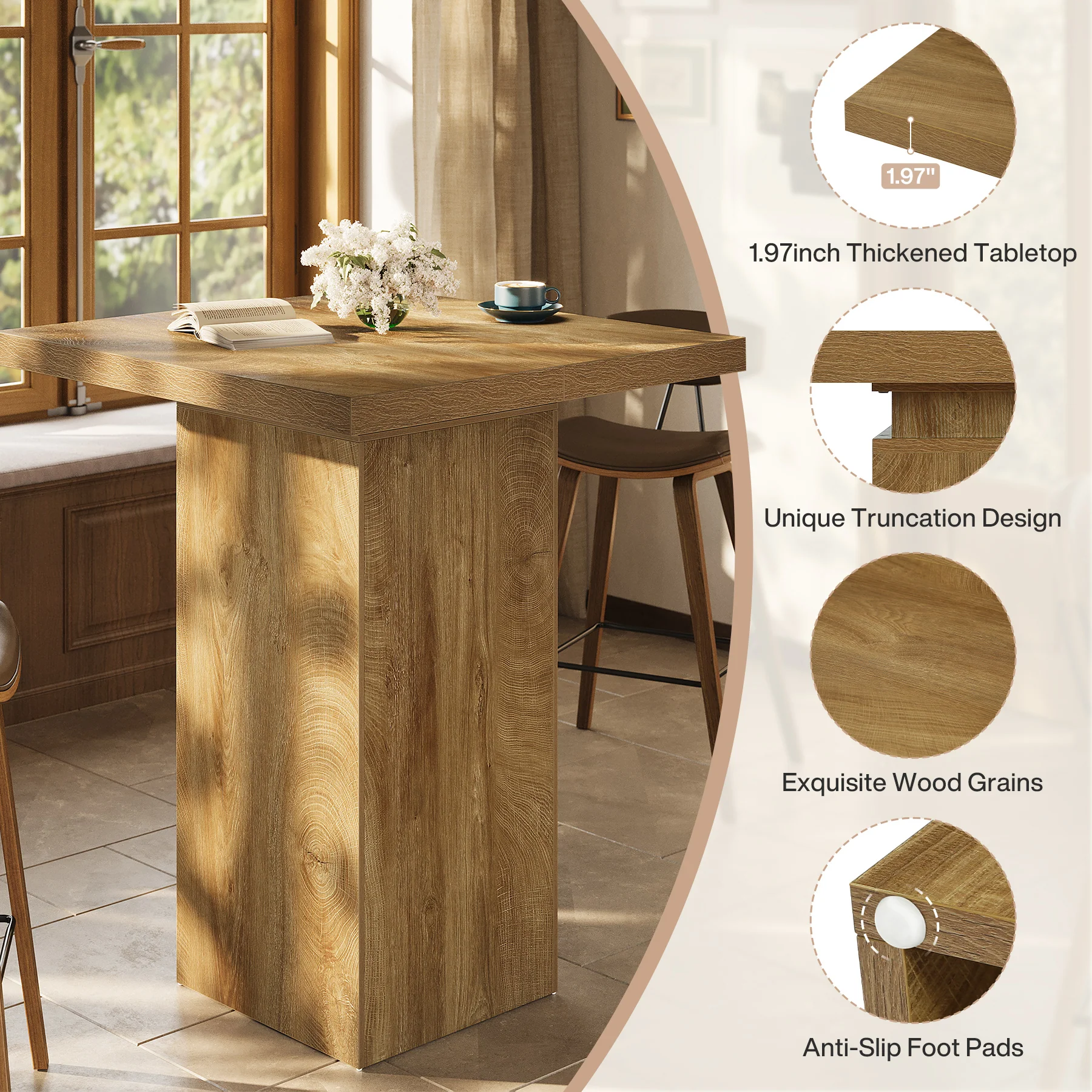 39.4" Square Bar Table, High Top Bistro Pub Cocktail Table Dining Table - Image 6