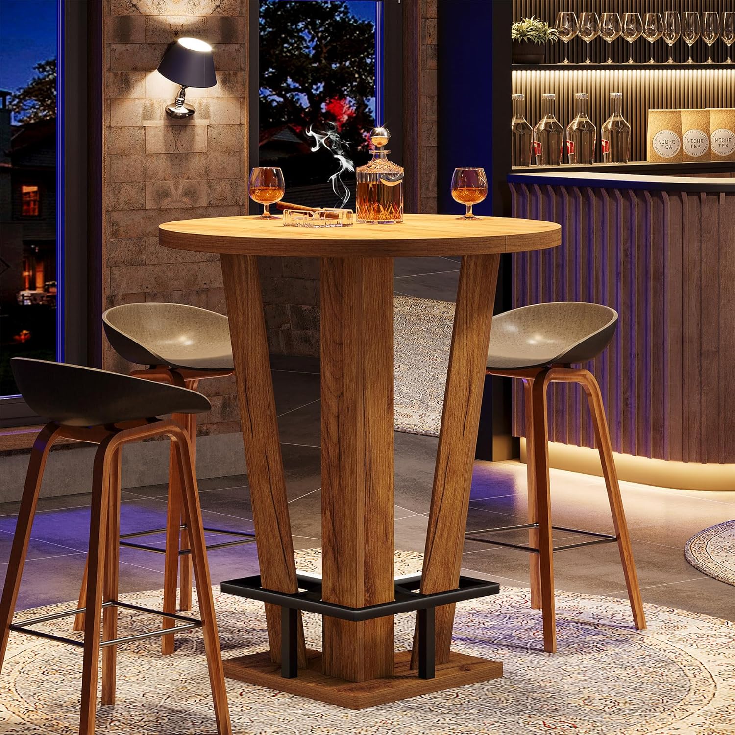 31.5" Bar Table, High Top Cocktail Bistro Pub Table with Metal Footrest - Image 3