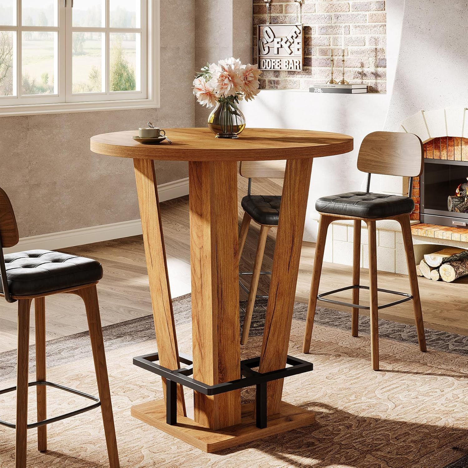 31.5" Bar Table, High Top Cocktail Bistro Pub Table with Metal Footrest - Image 4