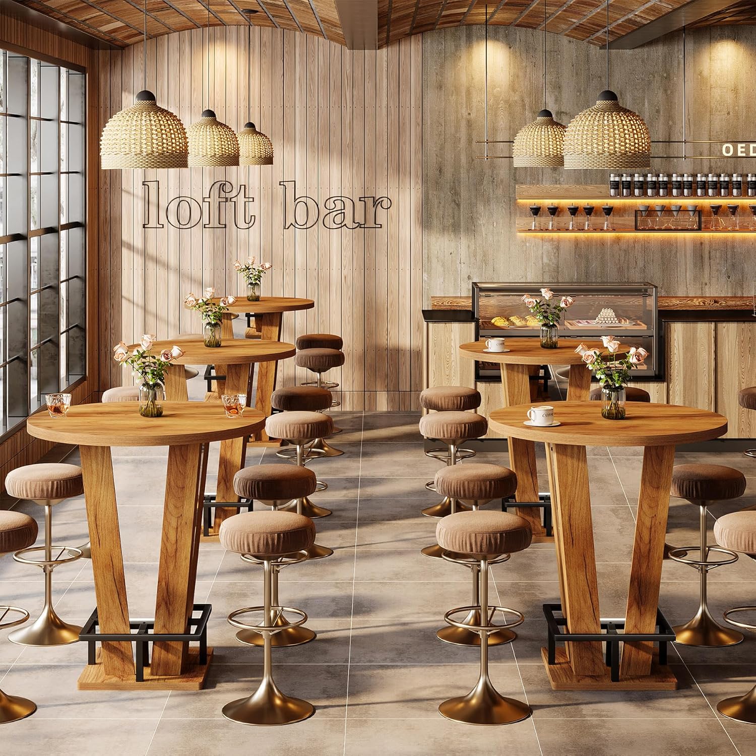 31.5" Bar Table, High Top Cocktail Bistro Pub Table with Metal Footrest - Image 6