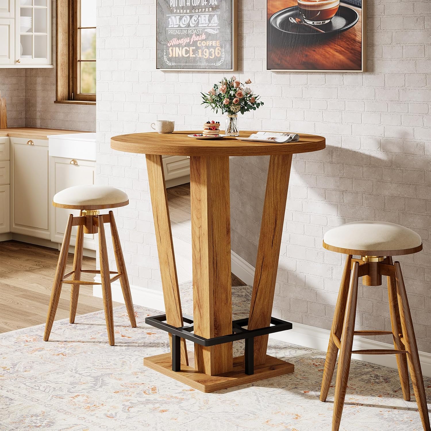 31.5" Bar Table, High Top Cocktail Bistro Pub Table with Metal Footrest - Image 8