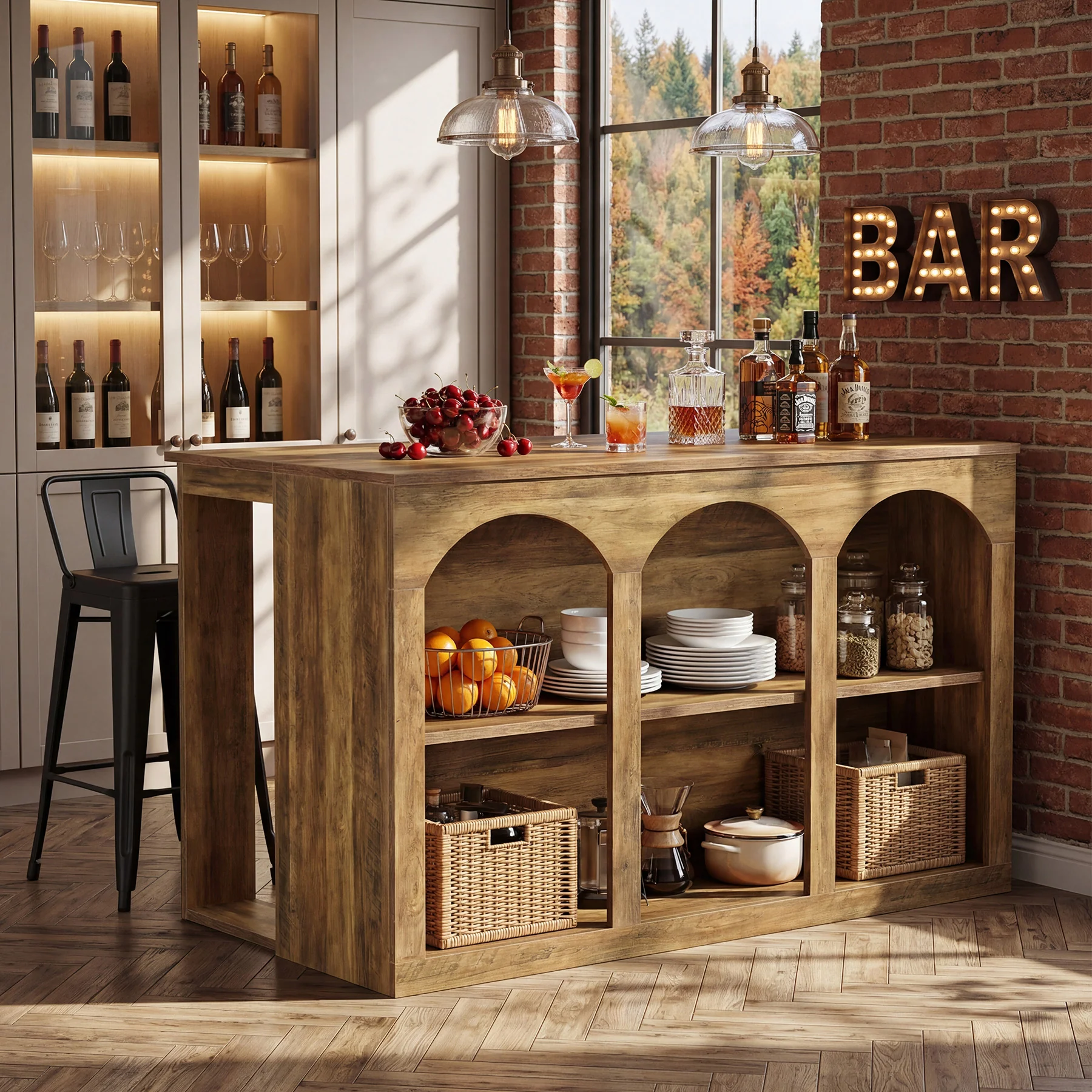 55" Bar Table, High Top Large Home Bar Unit Table with 2-Tier Shelves - Image 3