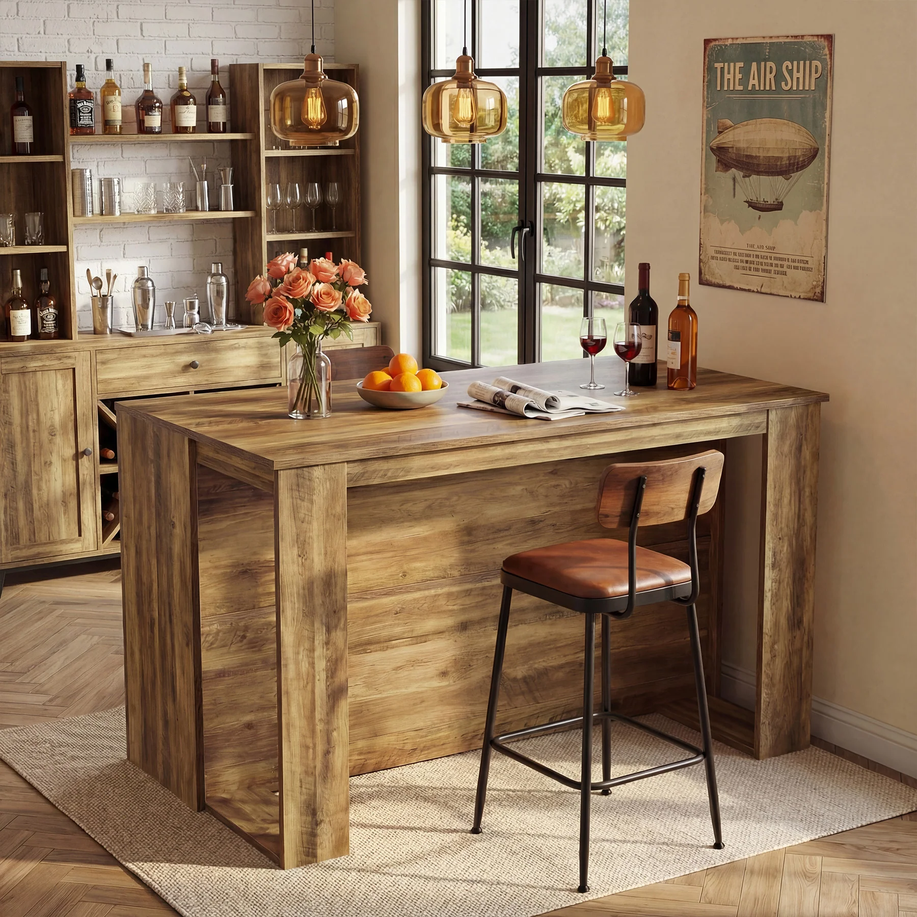 55" Bar Table, High Top Large Home Bar Unit Table with 2-Tier Shelves - Image 5