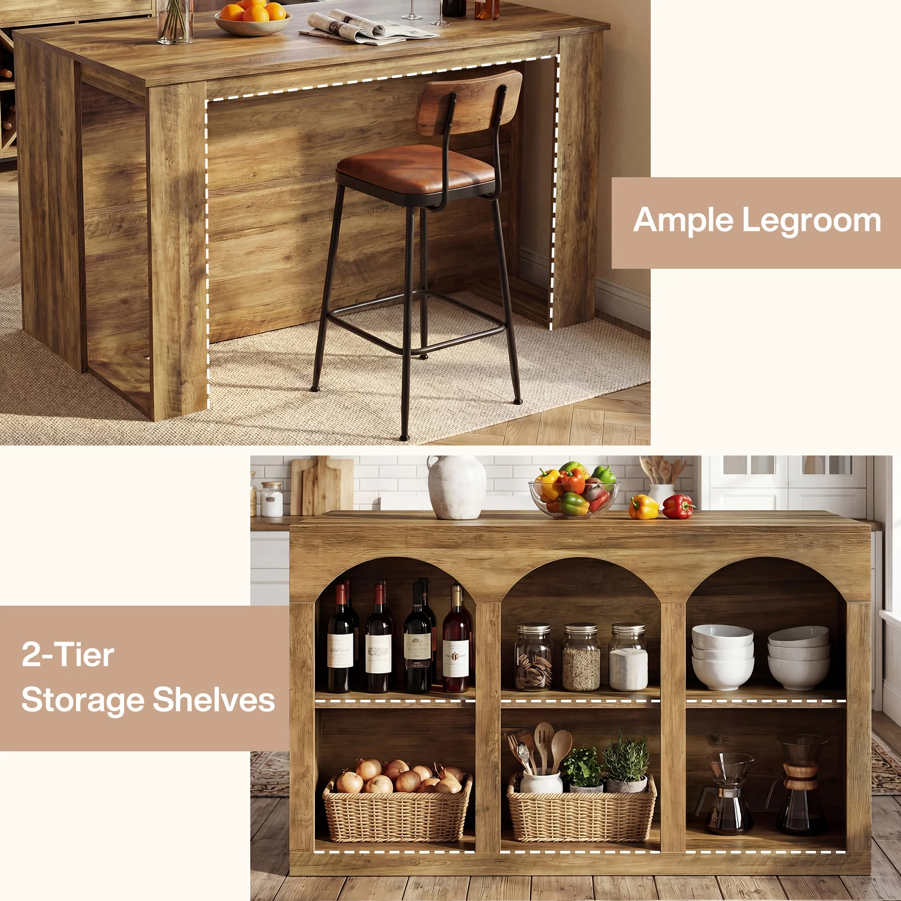 55" Bar Table, High Top Large Home Bar Unit Table with 2-Tier Shelves - Image 6