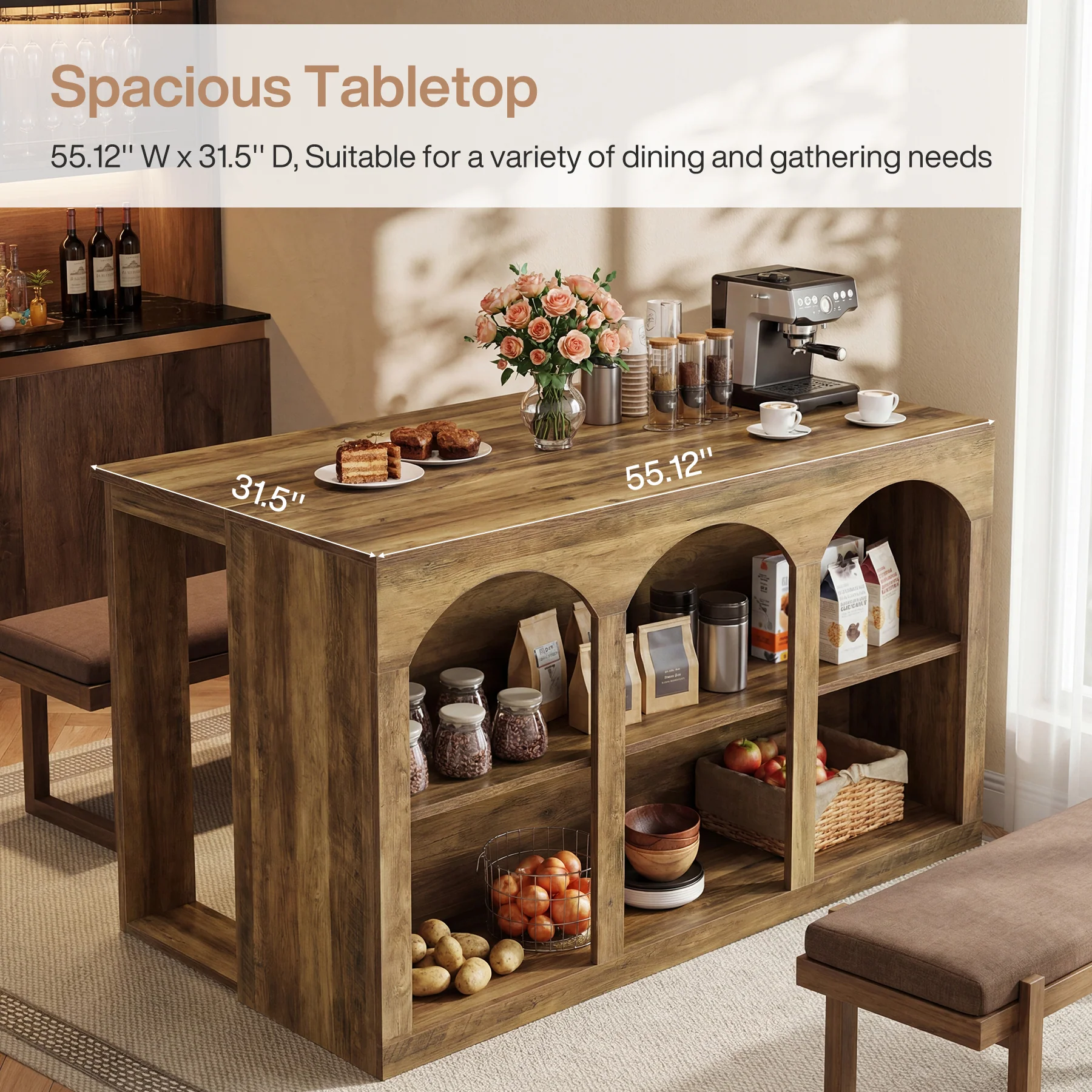 55" Bar Table, High Top Large Home Bar Unit Table with 2-Tier Shelves - Image 7