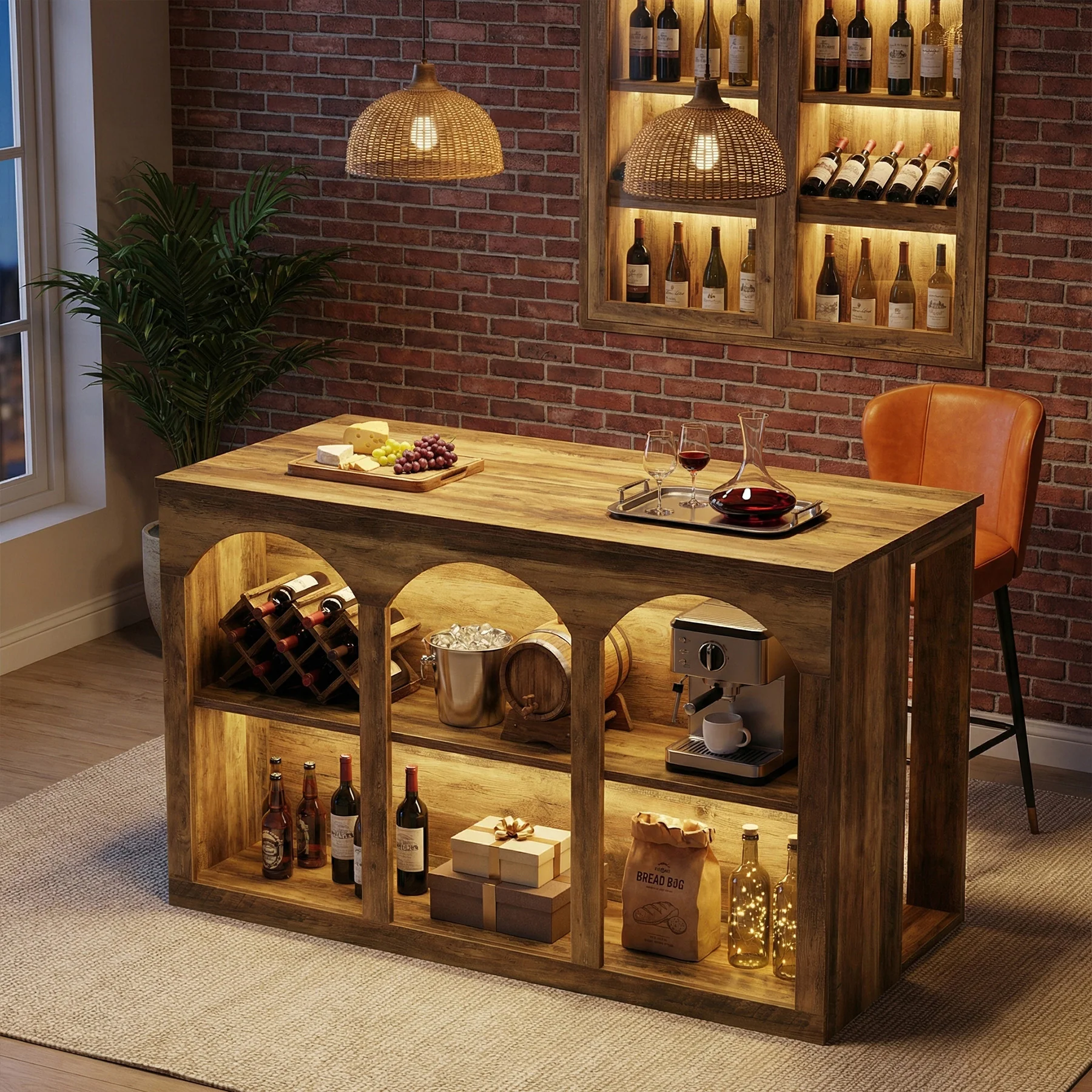 55" Bar Table, High Top Large Home Bar Unit Table with 2-Tier Shelves - Image 8