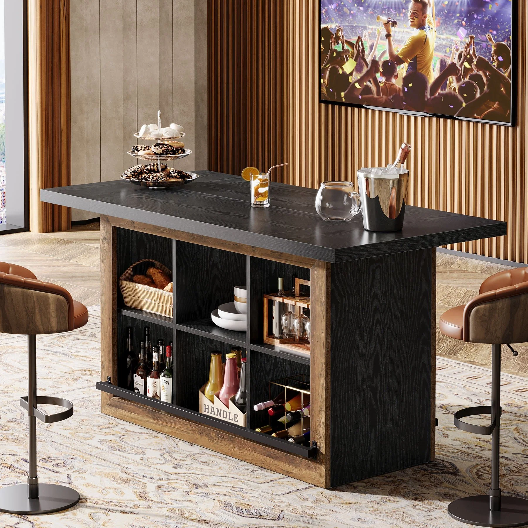 62.6" Bar Table, Rectangular Home Bar Cabinet Unit with 6 Spacious Cubbies - Image 3