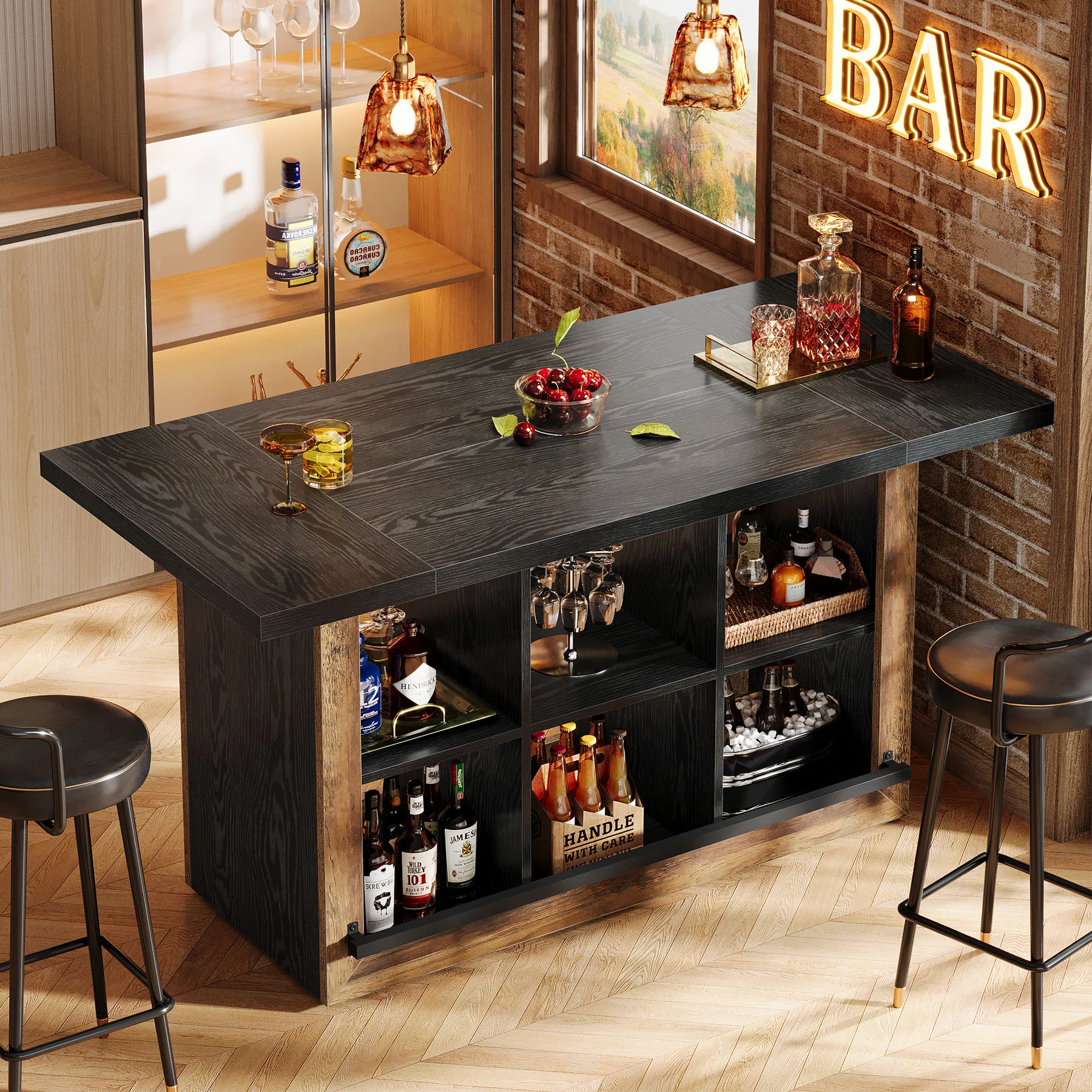 62.6" Bar Table, Rectangular Home Bar Cabinet Unit with 6 Spacious Cubbies - Image 4