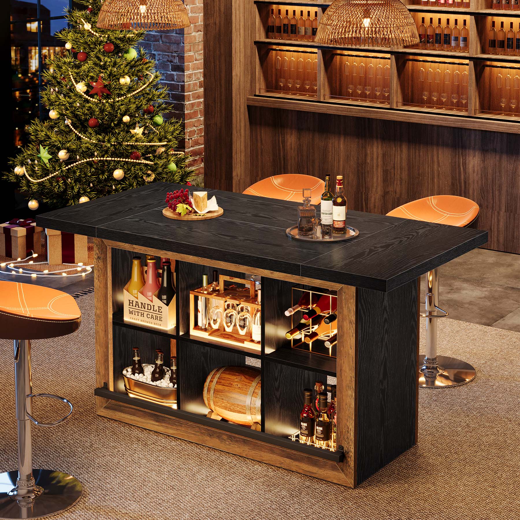 62.6" Bar Table, Rectangular Home Bar Cabinet Unit with 6 Spacious Cubbies - Image 5