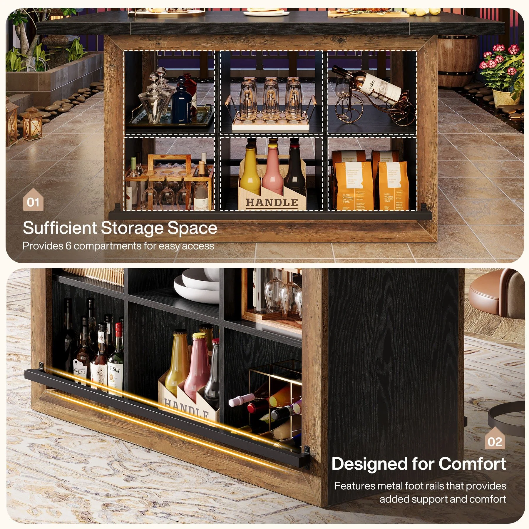 62.6" Bar Table, Rectangular Home Bar Cabinet Unit with 6 Spacious Cubbies - Image 8